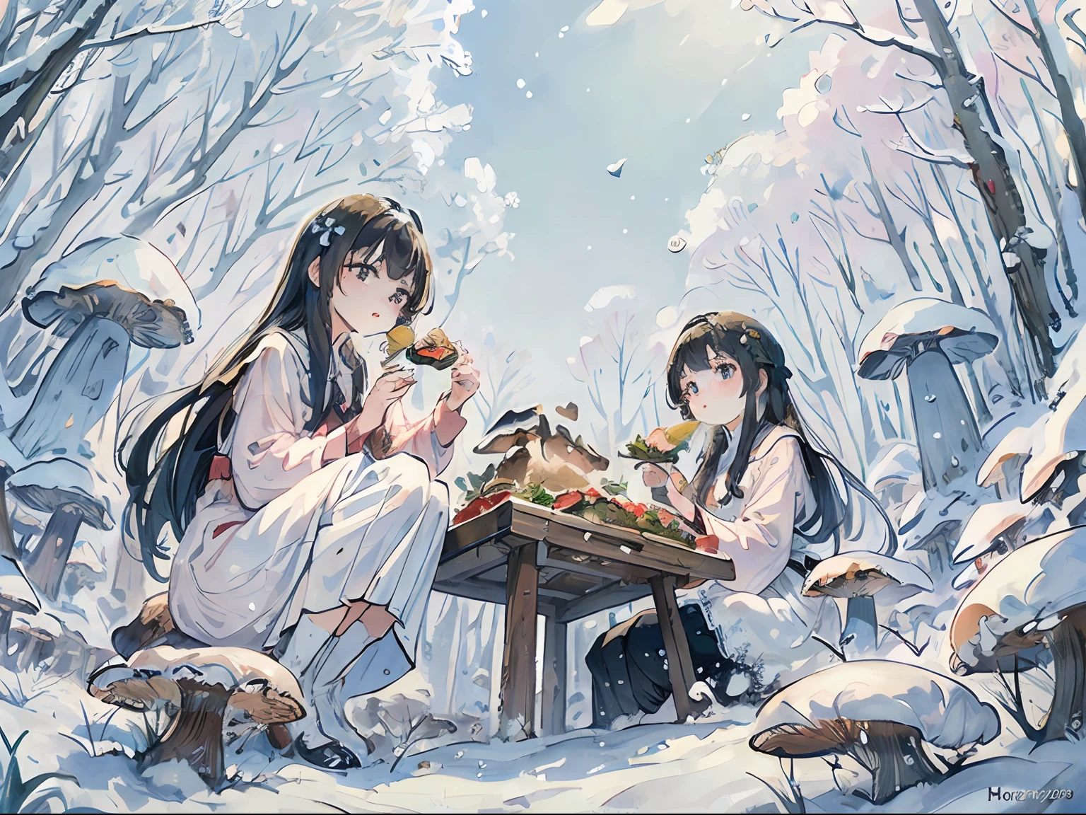 (Masterpiece, best picture quality, HD wallpaper), the beautiful girl and her sister are sitting in a mushroom forest, frontage, from below, eating lunch, winter, snow,god ray, naked