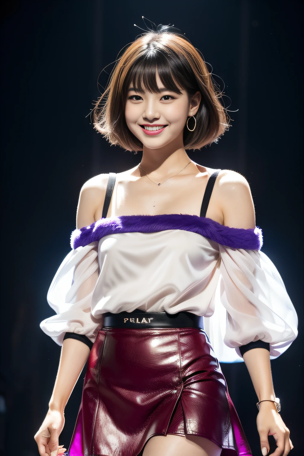 （8K分辨率，Vista full body photo，Photos above the legs），（1 female，age 22，（Facial features of Hong Jin-young in South Korea：1.8，Wide skeletal cheeks，s delicate face），Lovely face，com rosto detalhado，详细的脸，（Delicate Japanese makeup），Black colored eyes，（Look into the distance），Short crimson hair with a slight curl（Messy has layers），Redlip，Fair smooth skin，（Best Skin Type：1.21），A plump chest，（Off-the-shoulder T-shirt，（black in color），（materpiece：terylene，real silk），Short irregular skirt（brown pubic fur）），Slightly chubby body，stage action，perfect hand，Ultra-fine clothing material），（Youth idol，Idol commercial performance，Exquisite details of the stage environment），（exhilarated，confident smile，Rejoice），（profesional lighting，动态照明），（（Color conflicts，adolable，youthfulness，vivaciousness（black in color，brown pubic fur，purpleish color））），（Golden section，Cinema lenses，Dynamic shots，Hasselblad photograp，tmasterpiece：1.3），（Concert，Youth idol，trendsetting，Artis，Art platform