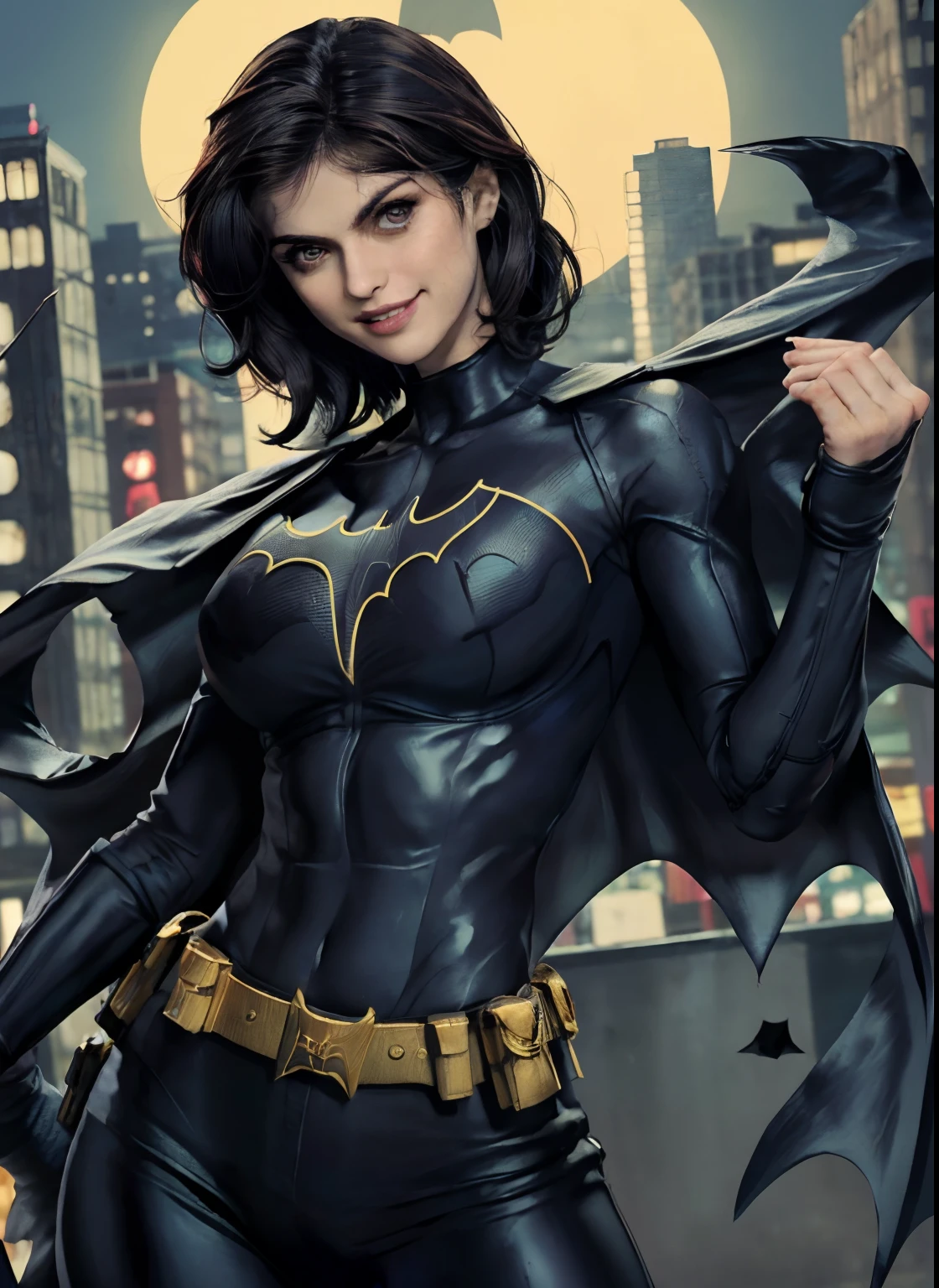 (obra-prima, melhor qualidade), 1girl, solo, Alexandra Daddario, batgirl terno, cabelo preto, olhos castanhos, sorriso, ((seios muito gigantes)), dinamic pose, 
akihabara, dos mortos, noite, de cima, Standing roof, centro de jogos,