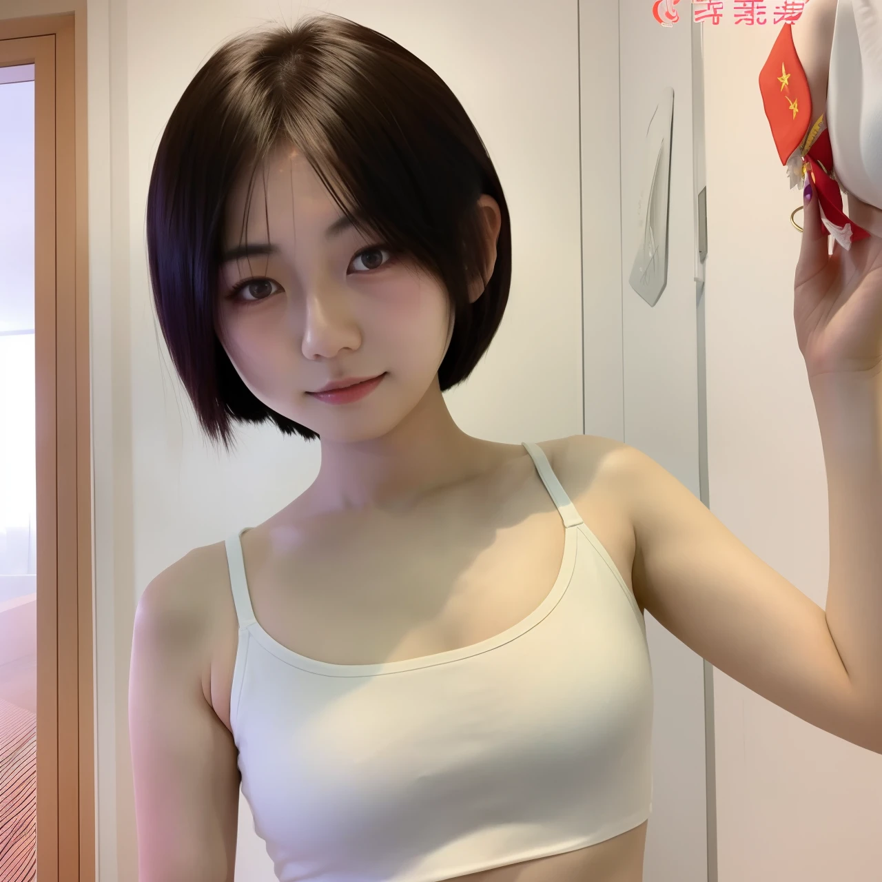 1个Giant Breast Girl, ChineseGirl, 21yo, Alone, Keep your arms behind your back, 3/4 guns, Young sensual gravure idol, Young and beautiful gravure idol, actual, Best quality at best, Instagram, exposed bare shoulders, white  shirt, short detailed hair