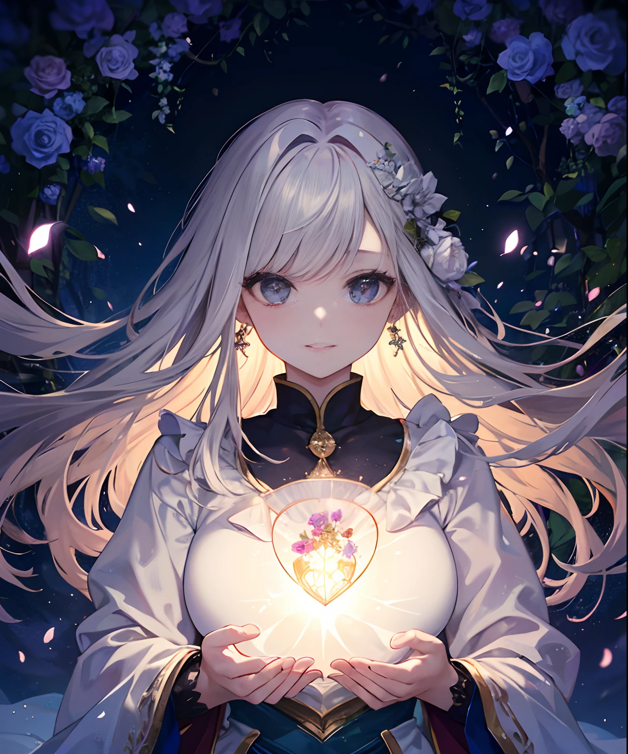 (((​masterpiece)))、(((top-quality)))、((ultra-detailliert))、(illustratio)、((extremely delicate and beautiful))、dynamic ungle、A smile、floating、red hairs、Knight of the Guard、(Detailed light) (1girl in)、、独奏、The long-haired、The wind is blowing、A WORLD、In nature、Some flowers are blooming、Labyrinth of nature、（The tree々Tunnel of）（the woods）、Royal Night、（cute eye）