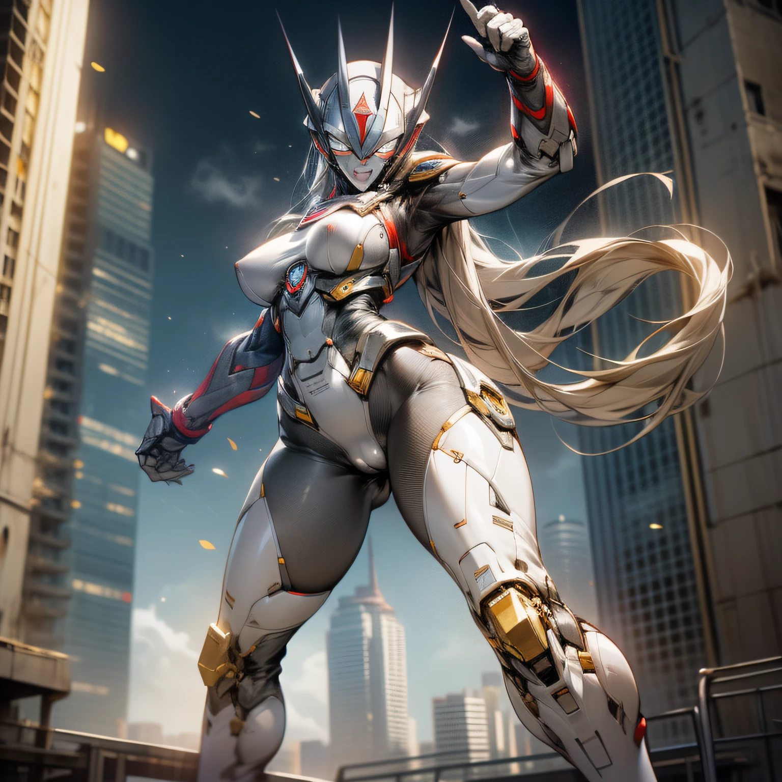 （masutepiece、8K、Ultra-delicate、hight resolution），giant,(((Female Ultraman)))，(((No muscles，large breasts)))，(Her head is tapering,The body is made of red and silver and gold，The arms present a streamlined design，On the chest there is a round calculator，Looks tall and thin，The overall shape is streamlined、Modern)，(standing athletic pose)，posed for photo，high-angle，nigth，city ruins，backgroung details，（（（full body Esbian））），独奏，(((Huge feeling))),NSFW,Cameltoe,(Dynamic Pose:1.2),From below,groin focus