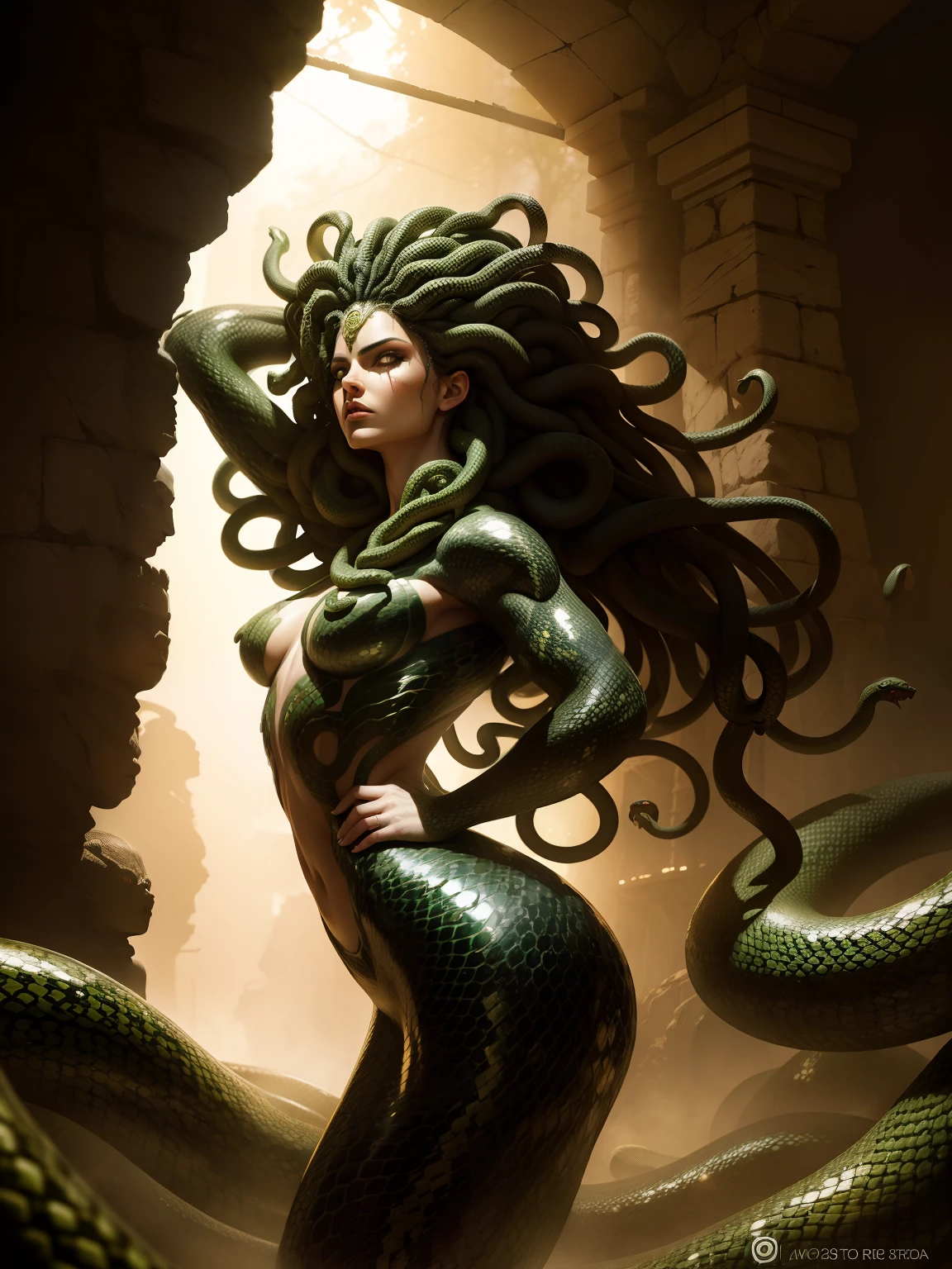 ((medusa)), ((the hair is composed of countless small snakes)), ((cobertura da parte superior do corpo com cobras)), (olhos verdes da cobra), face feminina, Rosto alto e detalhado, olhos altamente detalhados, calda de cobra, 16k, Foto RAW, best quality, master part, Foto colorida RAW de alto detalhe, dramatic lighting, Cinematic lighting, de perfil corpo inteiro.