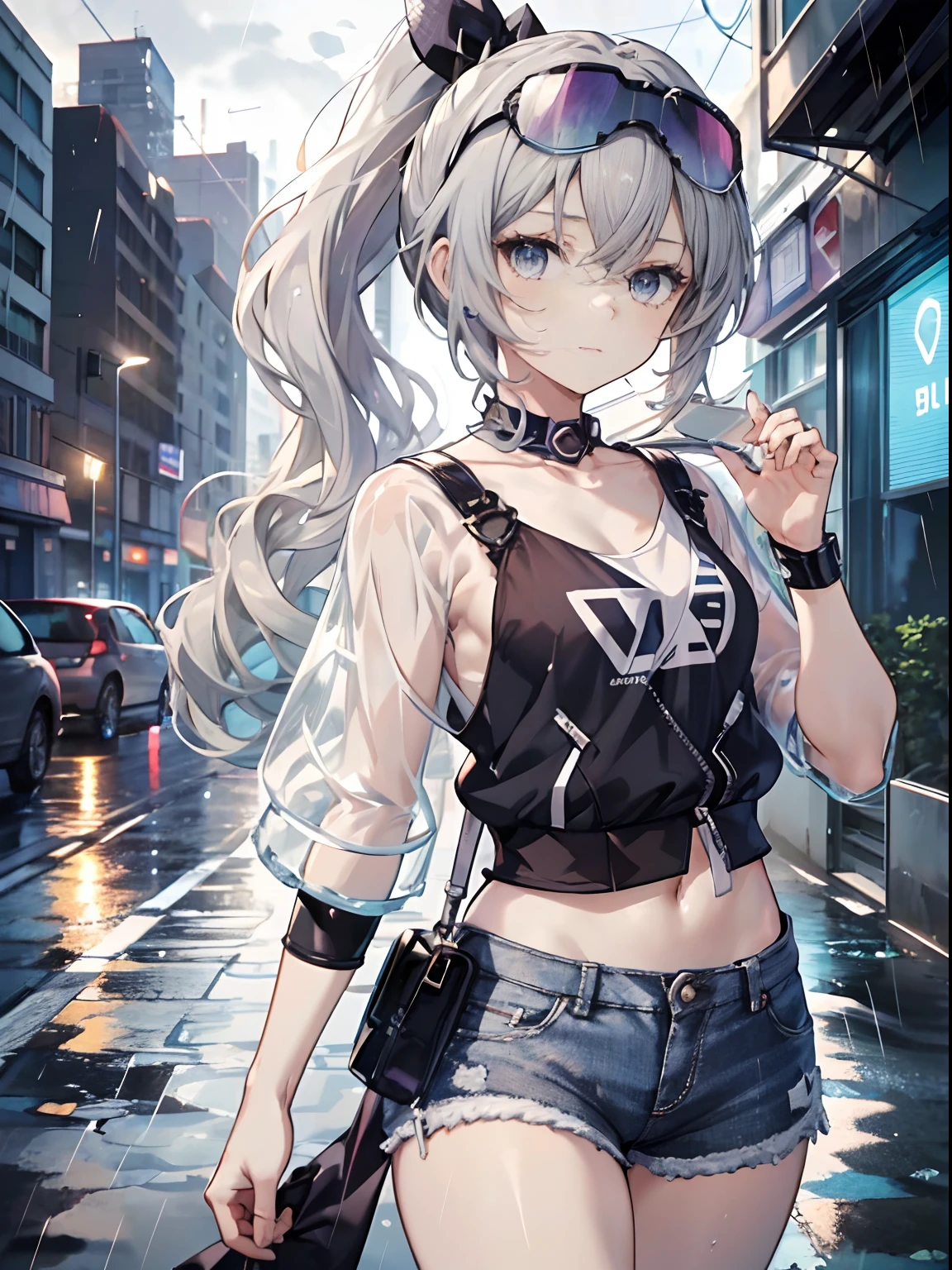 Exquisite masterpiece, best quality, illustration style, an anime girl with a curly ponytail, beautiful eyes, summer, white short-sleeved hem blown by the wind, jeans, blue-purple gradient goggles, small, heartwarming, youthful and beautiful, heroic and sassy, black and white matching, gray hair, showing a natural casual style. The dynamic posture contains the golden section, large aperture portrait, white space, strong contrast between light and shadow, super texture, super clear and concise picture, presenting extremely beautiful, elegant temperament, delicate facial expressions, city background, rainy days, road area water reflection