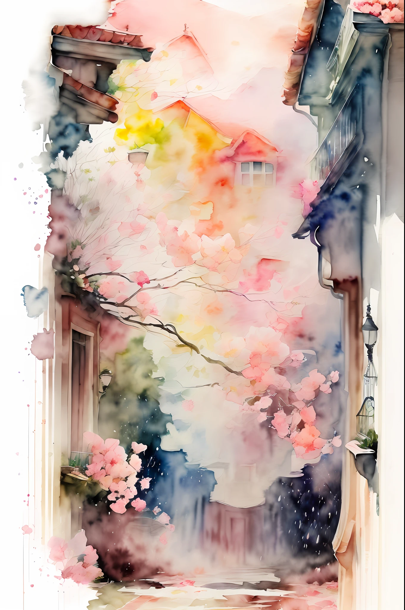 (watercolor style, spectral art) + vista (a begonia tree in the background, wind and rain and falling flowers everywhere, begonia flowers falling, flowers raining everywhere, beautiful depiction, beautiful composition) (rich gorgeous colors in the distance) + (smudge splashing) + (clear light and shadow swaying dynamics), from above, wide-angle lens