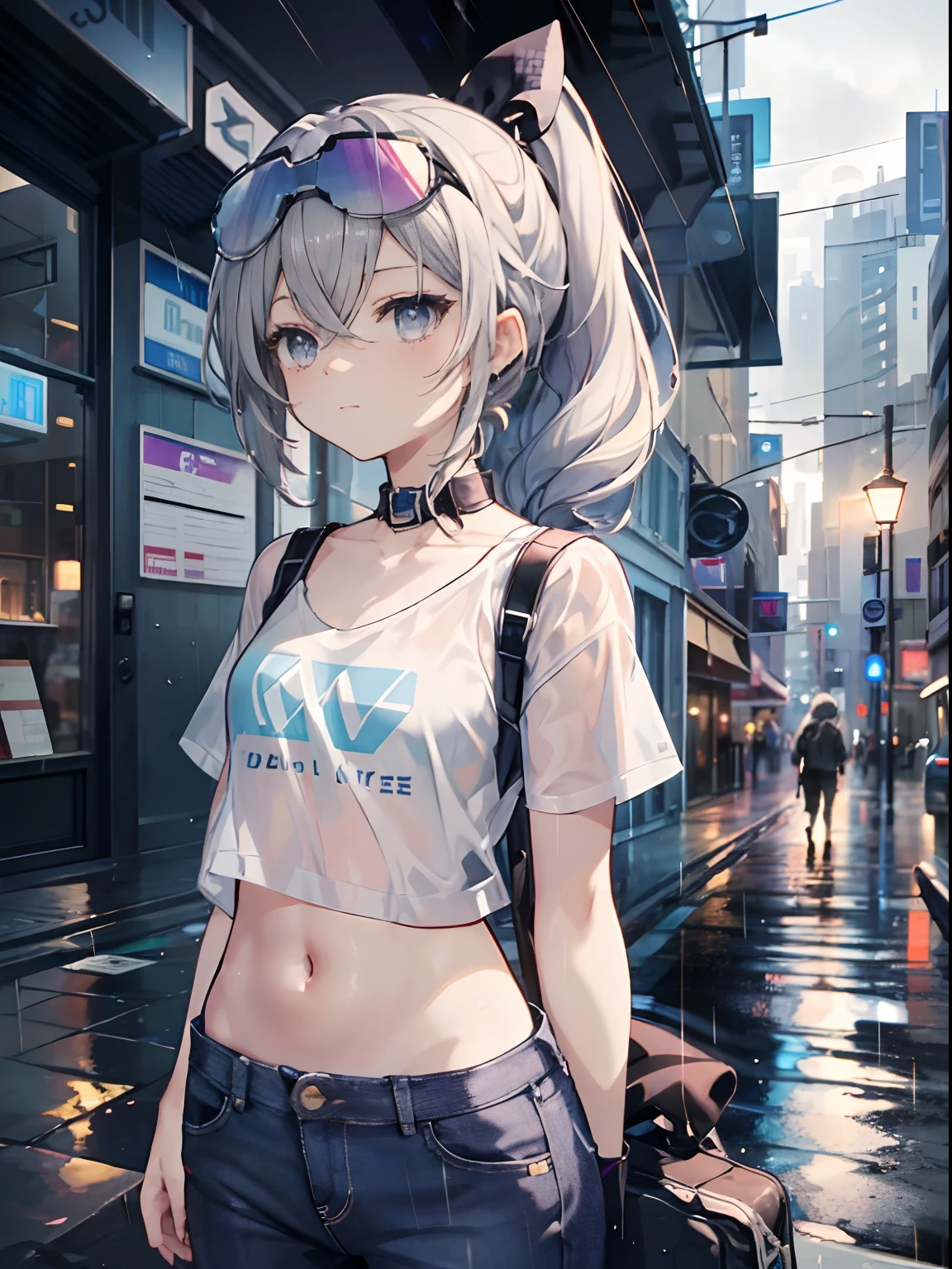 Exquisite masterpiece, best quality, illustration style, an anime girl with a curly ponytail, beautiful eyes, summer, white short-sleeved hem blown by the wind, jeans, blue-purple gradient goggles, small, heartwarming, youthful and beautiful, heroic and sassy, black and white matching, gray hair, showing a natural casual style. The dynamic posture contains the golden section, large aperture portrait, white space, strong contrast between light and shadow, super texture, super clear and concise picture, presenting extremely beautiful, elegant temperament, delicate facial expressions, city background, rainy days, road area water reflection