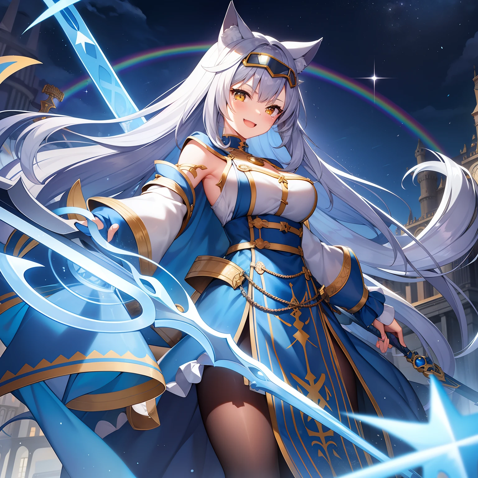 Long gray hair、Cat ears are big、Yellow picture frame goggles on forehead、Wearing a blue cloak、Illuminate the back８Decorate the book sword、busty lady、A pirate with a very strong and cute appearance、Rainbow Bridge in the sparkling starry sky、War Maiden Style、Very gorgeous sword、Sexy smile、feels good、is crying、Long live the right hand、Mouth open and smile