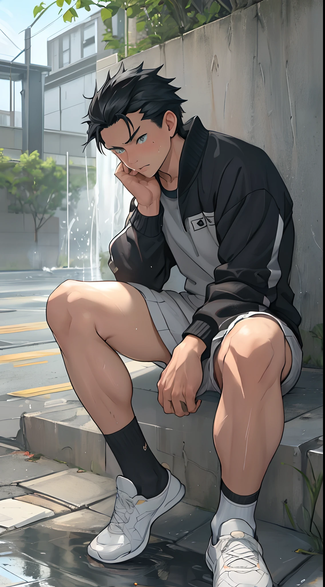 (1 Adult male),A high resolution, Sharp focus, Pixiv masterpiece, ((Complicated details)), highly detailed, natsuki_subaru, 1 man,perfect male figure,Urine on the trouser leg, Nervously bow your head,is shy,embarressed,exhilarated,is shocked,panicking,worry,A pool of urine formed around him,Very eager to pee,Unbearable,Wet yourself,Urine discharge,full bodyesbian,sit astride,Tired,decadent, blue color eyes(eyes glowing), Black hair short hair,sweatshirts,White socks and sneakers worn on the feet,perspire,Drenched,Get wet,pissing,urine flows down the pants,look from down