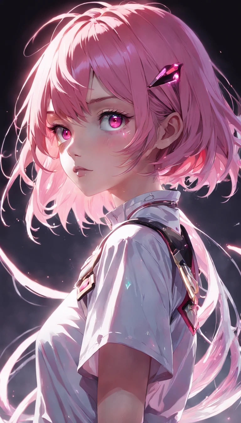 (Masterpiece, Best quality, Ultra detail, Best shadow), (White background), (Beautiful detail face), High contrast, (BEST lighting, Extremely delicate and beautiful), (Cinematic light)), Bright colors, hyper-detailing, intricately details, Standing painting (1 girl, Solo, Front, Pink hair, sharpy face, Short hair, Fluorescent long coating (Broken glass), Workwear, Red eyes, hair between eye), A shimmer swirling around the character, Purple light particles, Magical Circle, Cyberpunk Style