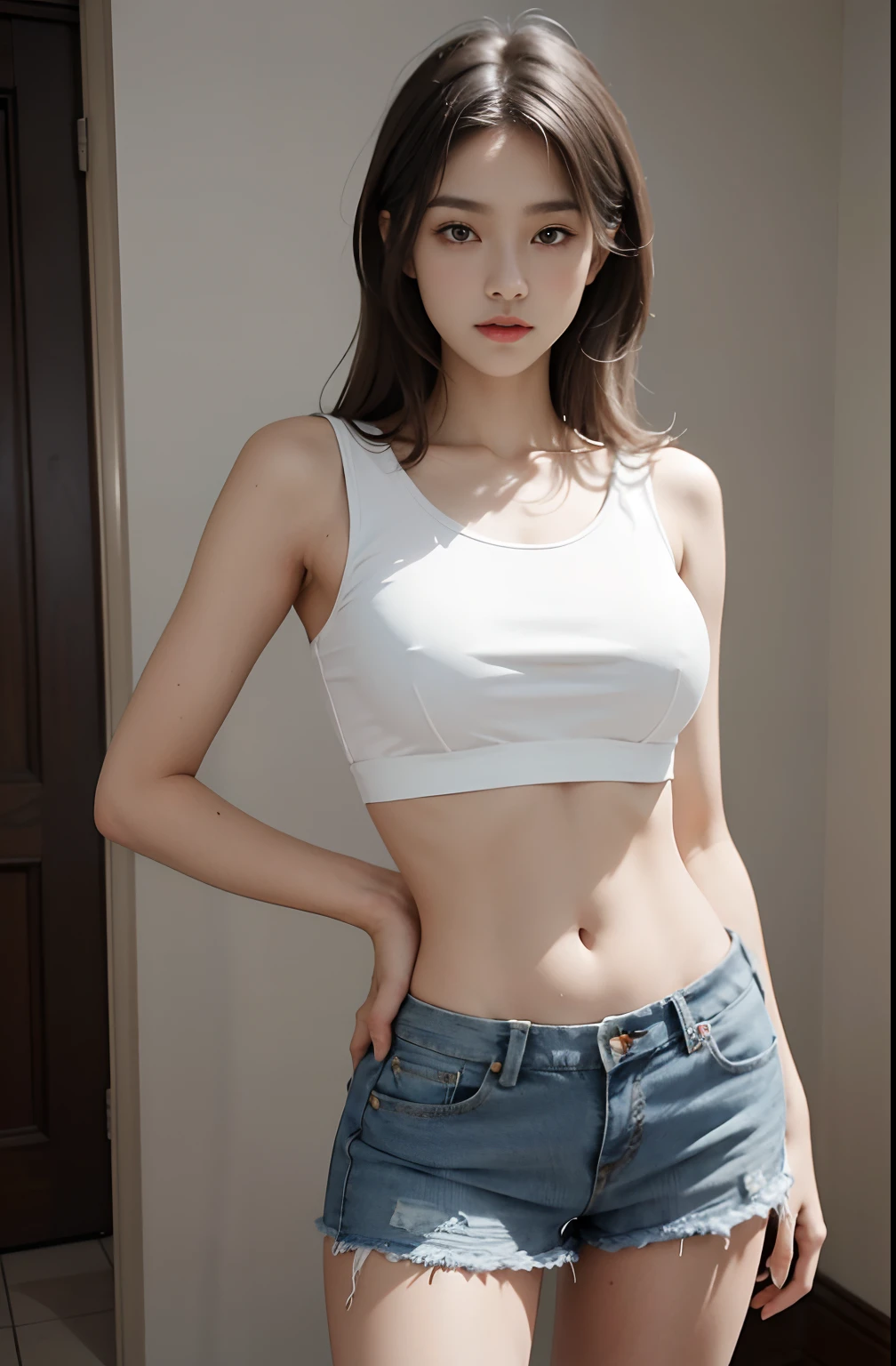 Girl posing for photo in white bra and tight denim skirt，full bodyesbian，legs are open（Great angular），With a cropped T-shirt、brassier，Slim body，Larger bust，Slim girl model，24 years old female model