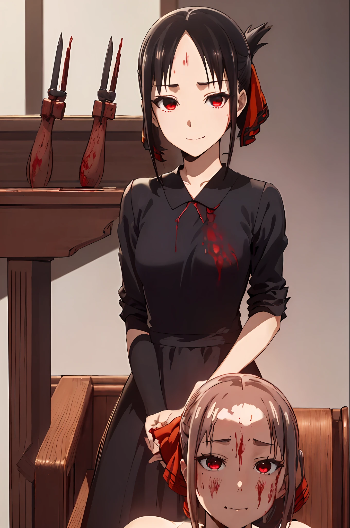 best quality, (masterpiece:1.2), detailed,
shinomiya kaguya,
1girl, solo, closed mouth, light smile,
black hair, red eyes, short hair, folded ponytail, hair ribbon, elegant dress, no sleeve, red ribbon,
standing, looking at the viewer, medium breasts,((upper body)), ((((blood, evil, cruel girl, dominant))))