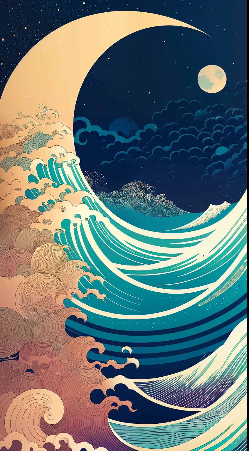waves at night big moon, victo ngai style, botticelli and victo ngai, victo ngai! muted colors, inspired by Victo Ngai, victo ngai and tristan eaton, by Victo Ngai, james jean and victo ngai, ( ( victo ngai ) )