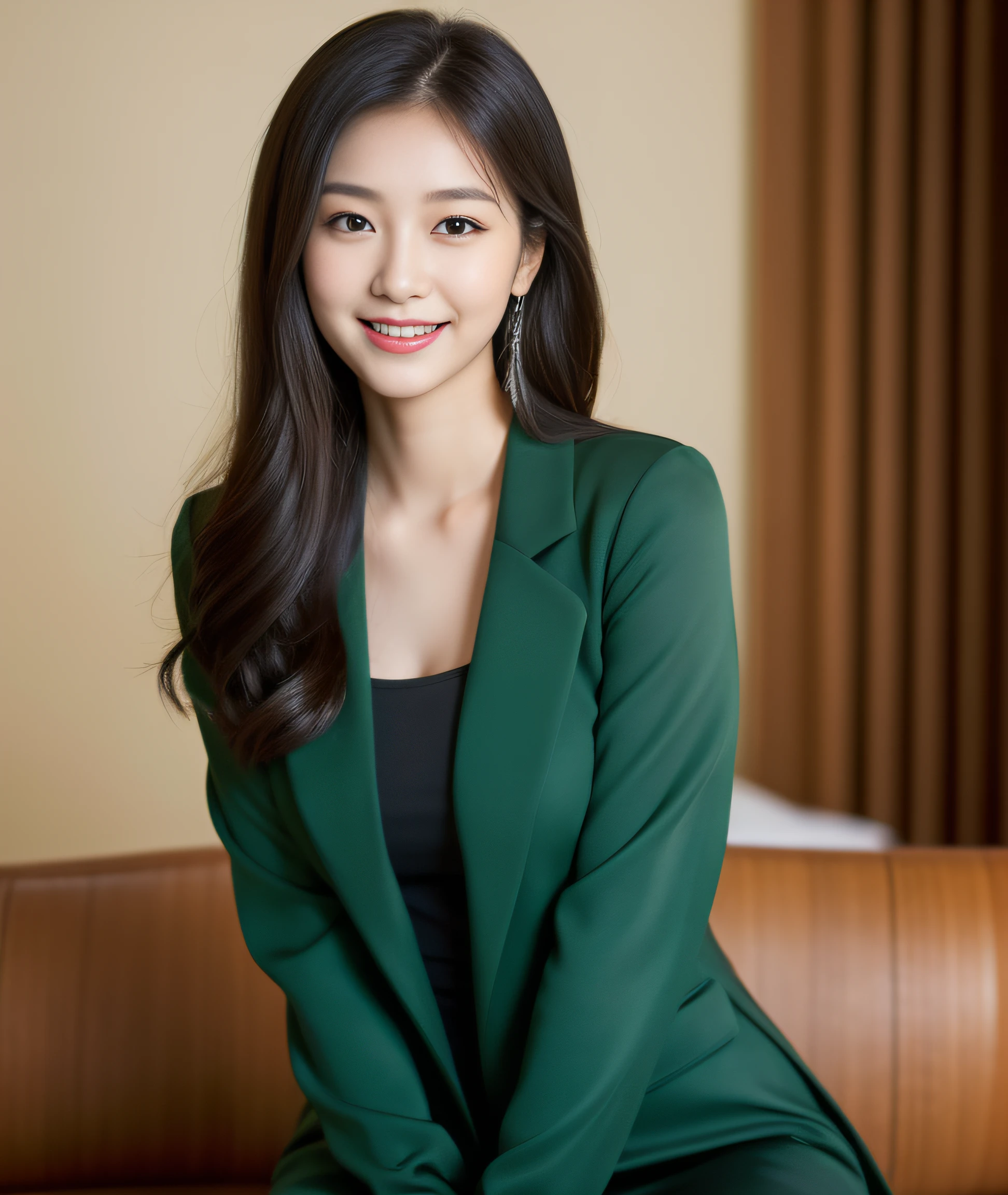 ((best quality, 8K, masterpiece: 1.3)), beautiful girl, pure, melon face, kind and cute, sweet smile, pure desire, slender body, (front), (tilted head), ((looking at camera)), wearing a green suit, black silky medium hair, long flowing shoulders, round black big eyes, clear big eyes, moist red lips, sweet, sitting in a room, Hotel background , ((((whole body)))),