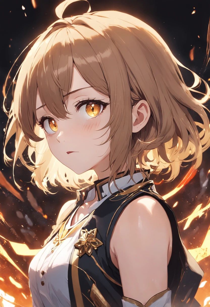(tmasterpiece、top-quality、top-quality、offcial art、aestheticly pleasing:1.2)、(1girl in:1.3)、Fault art、(Digital distortion)、brunette color hair、short detailed hair、vests、Round eyes、Golden eyes、Challenging appearance、backs、collateral、White background、