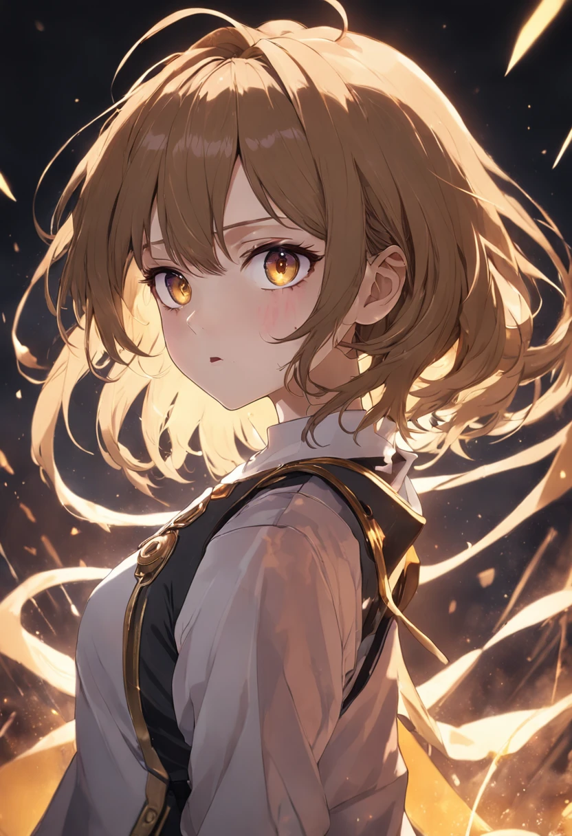 (tmasterpiece、top-quality、top-quality、offcial art、aestheticly pleasing:1.2)、(1girl in:1.3)、Fault art、(Digital distortion)、brunette color hair、short detailed hair、vests、Round eyes、Golden eyes、Challenging appearance、backs、collateral、White background、