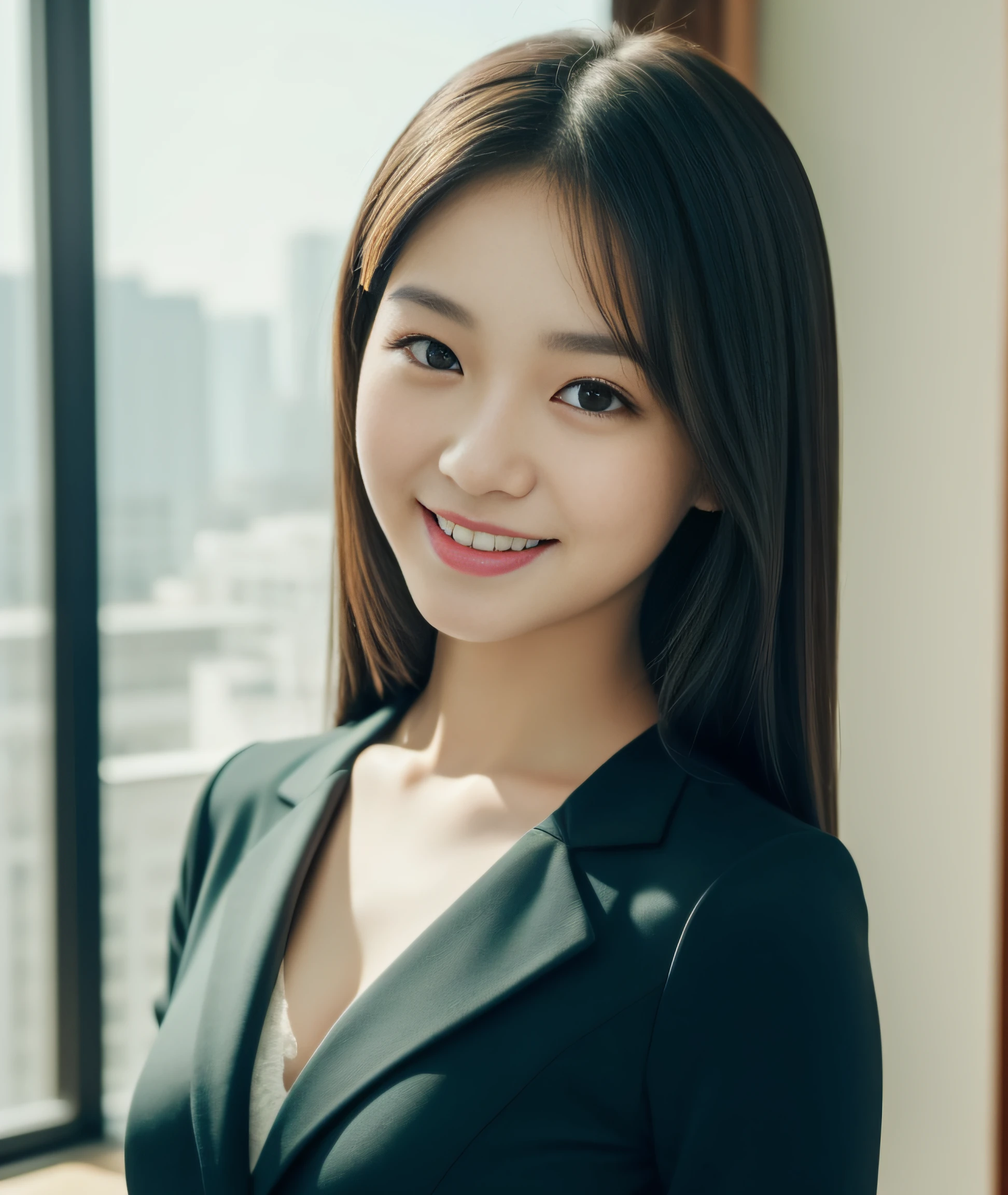 ((best quality, 8K, masterpiece: 1.3)), beautiful girl, pure, melon face, kind and cute, sweet smile, pure desire, slender body, (front), (tilted head), ((looking at camera)), wearing a green suit, black silky medium hair, long flowing shoulders, round black big eyes, clear big eyes, moist red lips, sweet, sitting in a room, Hotel background , ((((whole body)))),