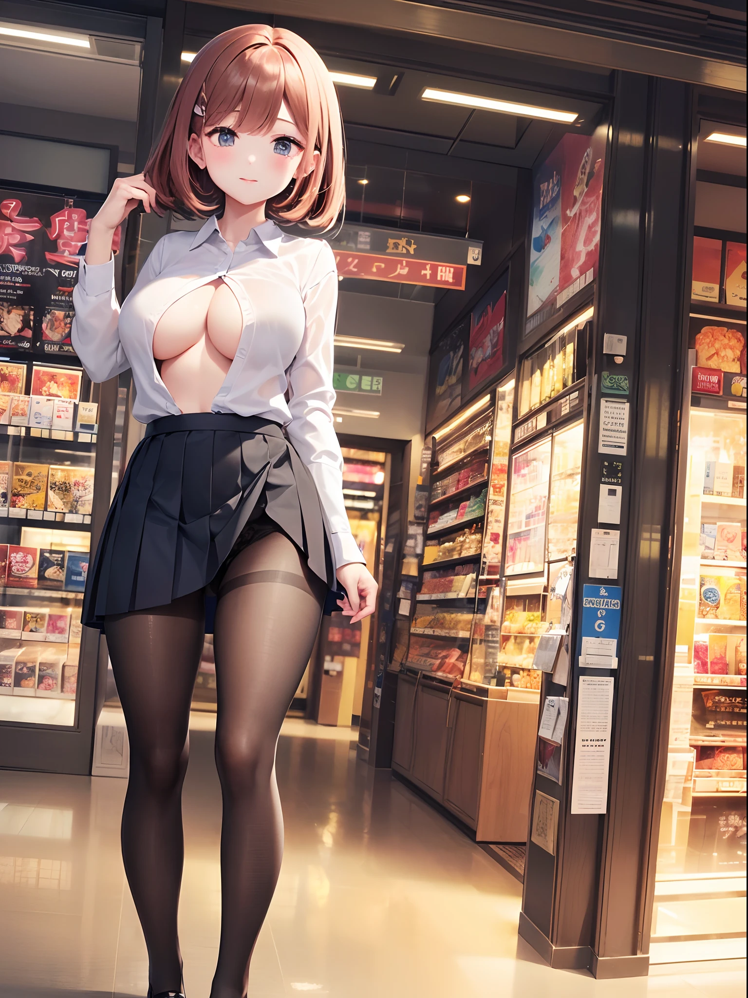 (One lady)、(masterpiece)、(best qualtiy)、(ultra-detailliert)、(a high chroma)、(CG Illustration)、((full-shot))、18 year old beautiful girl、Delicate beautiful face、(red blush)、((Longhaire))、(A dark-haired)、(dishevled hair)、(Anime-style eyes:1.3)、((White plain clothes))、See-through clothes:1.3、((Thick black tights))、(Translucent panties)、(Dark blue pleated skirt)、((no-bra))、(teats)、B cup breasts、((turned around))、The best lighting、shopping mall