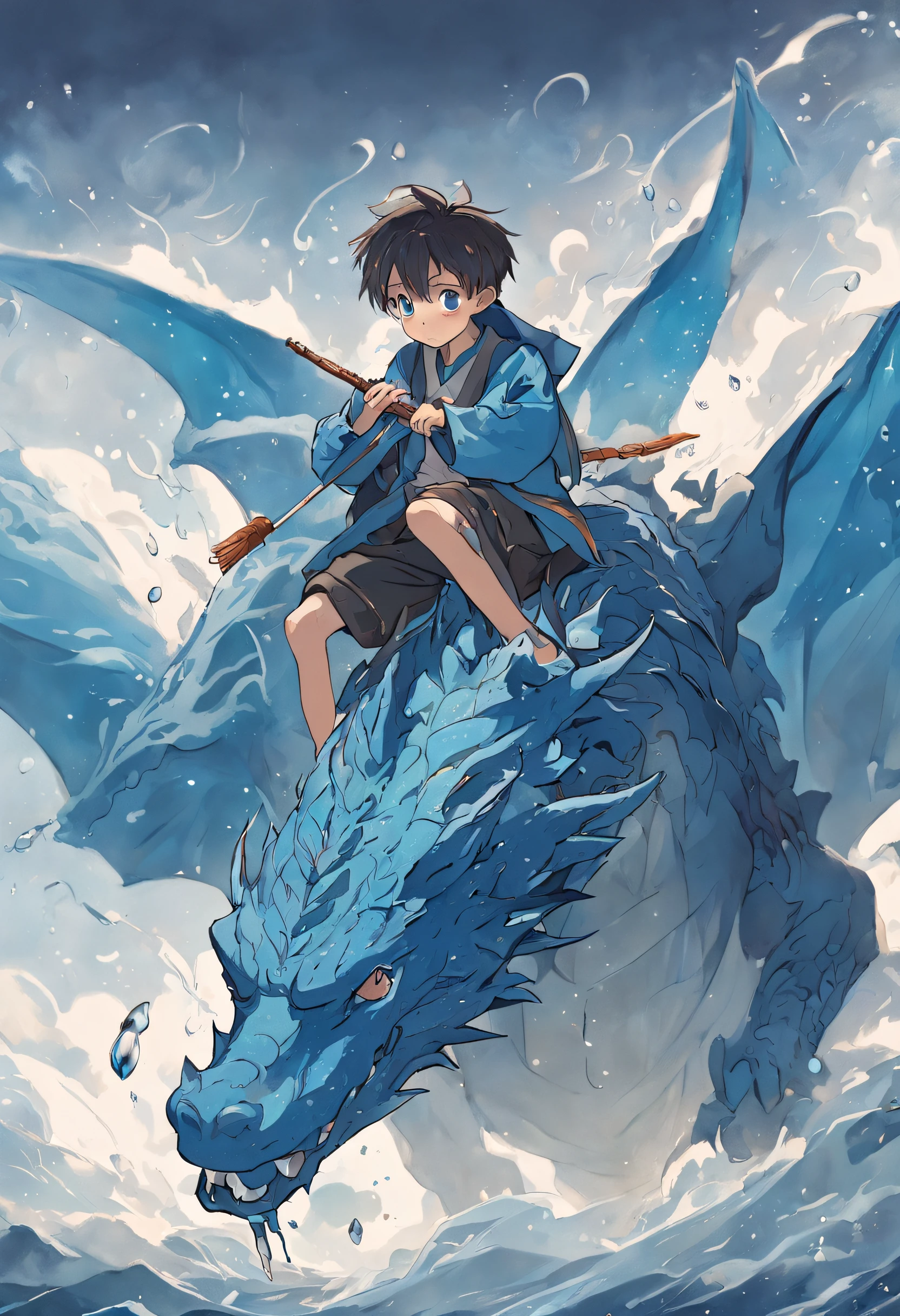 (Handsome teenager riding a dragon),Play the flute with your eyes closed,Blue-blue water dragon,corrugation,The air is filled with water droplets,Cloud effect:1.5,Slender dragon body,elevation,Faraway view,super detailing,best qualtiy,tmasterpiece,(8K,Extremely detailed,Epic artwork
