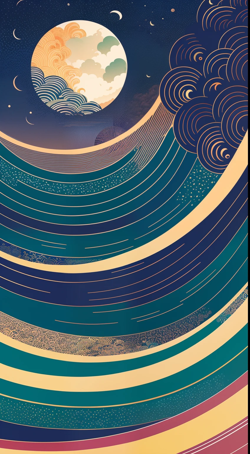 waves at night big moon, victo ngai style, botticelli and victo ngai, victo ngai! muted colors, inspired by Victo Ngai, victo ngai and tristan eaton, by Victo Ngai, james jean and victo ngai, ( ( victo ngai ) )