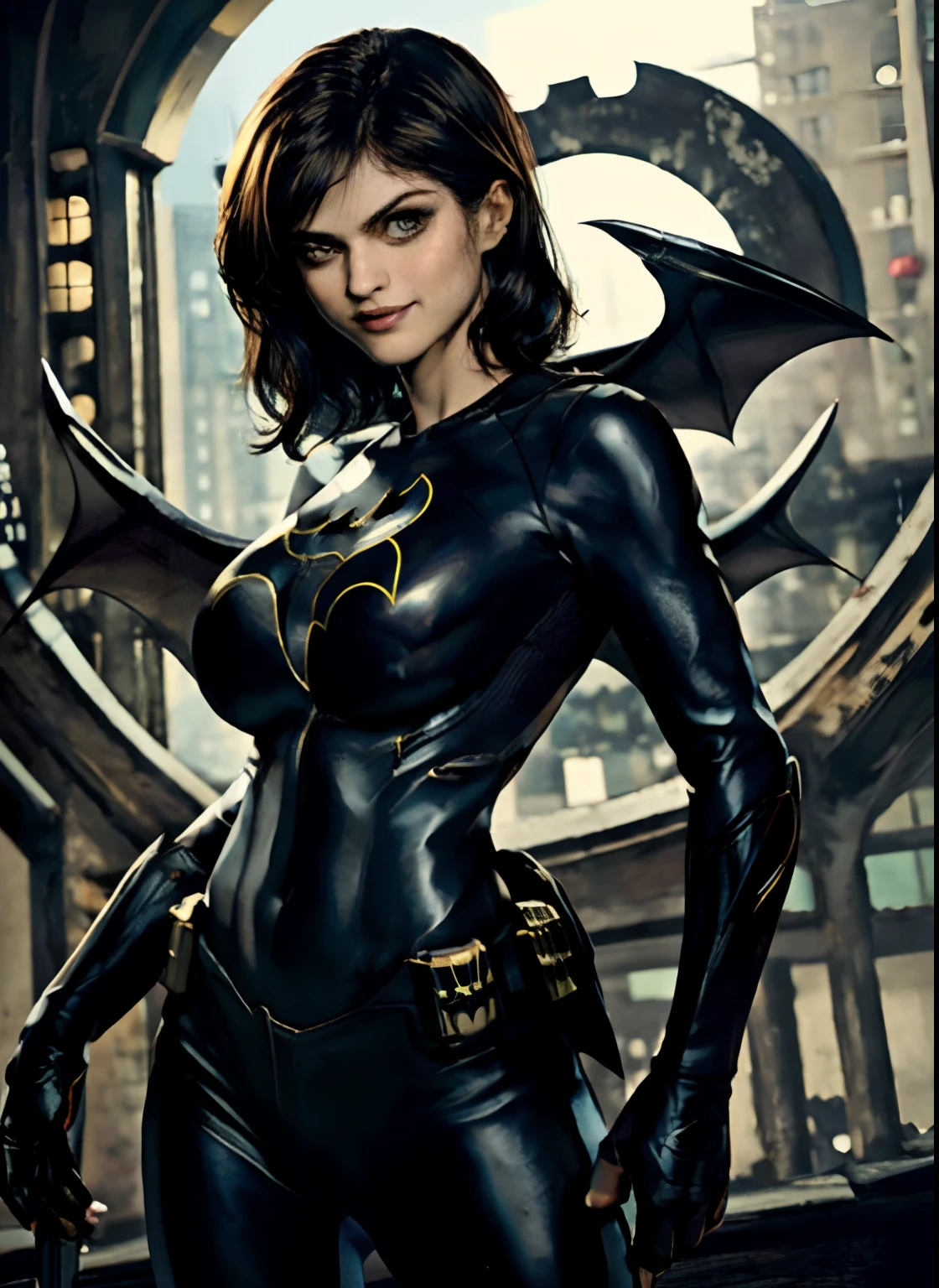 (obra-prima, melhor qualidade), 1girl, solo, Alexandra Daddario, batgirl terno, cabelo preto, olhos castanhos, sorriso, ((seios muito gigantes)), bat wing,
akihabara, dos mortos, noite, de cima, Standing roof, centro de jogos,