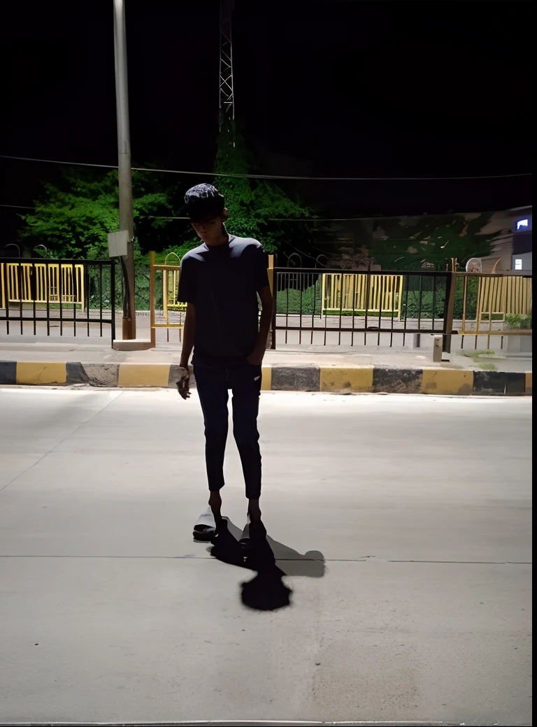 there is a man riding a skateboard on a sidewalk at night, standing in road, standing in street, stylish pose, standing on a skateboard, very accurate photo, standing on the street, he is traversing a shadowy city, standing bravely on the road, standing in the street, full body profile camera shot, very artistic pose, at night time