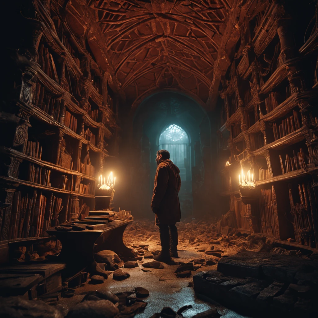 An archeologist reaching the book of prophecies, projecting dream-like visions, in the heart of the eerie Catacombs D&D style Fantastic display. UHD, dark fantasy, Photorealistic