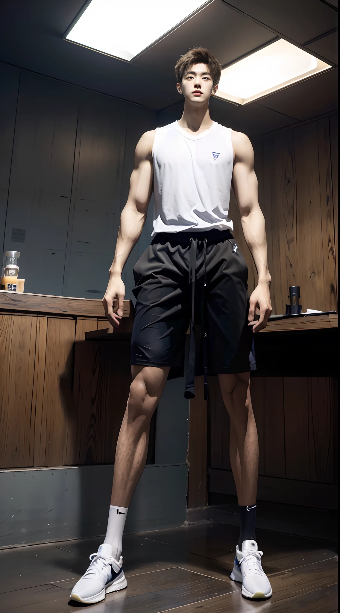 (((Best quality))),(((Ultra detailed))),(((Masterpiece))),(Cute tall Shota:3),solo person,(full bodyesbian:3),(Stay away from the lens:3),Expose your legs,Titan muscles,hulk muscles,(revealing the whole body:2),(Frontal heads-up view:1.2),malefocus,(looking at viewert), old, Physical Education Student,Extremely handsome,(Tall:3),(Tall guy:2),Super tall,(Height 300 cm:2),Excellent body proportions,muscular physique,(1.The shoulders are 5 times wider:1.2),(Slender straight legs:2.5),muscle leg,Slender feet,small heads,musculous,The face of the animated male protagonist,(Very detailed beautiful face and eyes:2),(Big bright eyes:1.2),Sharp eyeliner,Clear and beautiful face,exhilarated,(ssmile:2),short detailed hair,(Correct facial features),(tilts your head:1.5),(Men's basketball uniform:2),Long sport men's socks,(Muscle firming:2),Strong,(Wide shoulders and narrow waist:2.2),Detailed muscle texture,Highlights muscle structure,(in a subway),(Kneeling:4),(full length shoot),ultra-realistic realism, (Photorealistic detail), Incredible accuracy, lifelike textures, masterful technique, Jaw-dropping precision, artistic dedication,(anatomy correct),Good lighting,exquisite detailing,Best quality,stunning masterpiece,CG,(Colored screen)