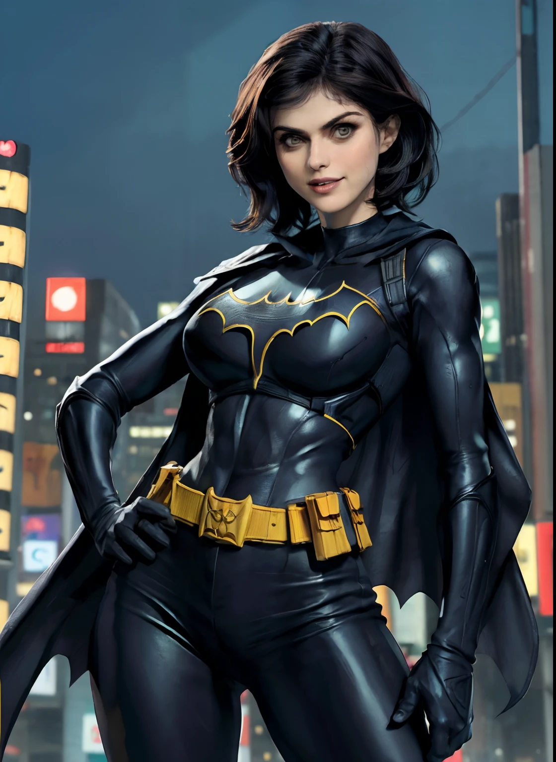 (obra-prima, melhor qualidade), 1girl, solo, Alexandra Daddario, batgirl terno, cabelo preto, olhos castanhos, sorriso, ((seios muito gigantes)), dinamic pose, 
akihabara, dos mortos, noite, de cima, Standing roof, centro de jogos,