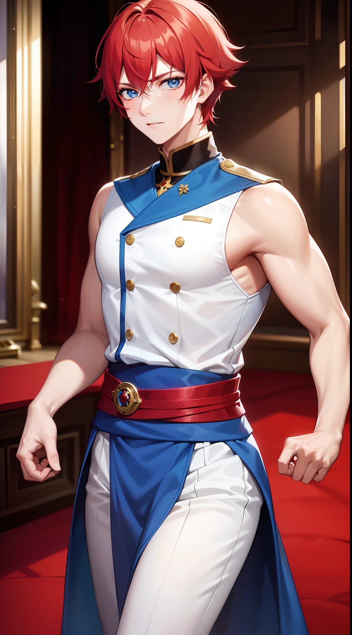 Young guy, short red hair, blue eyes, prince, martial arts, Masterpiece, hiquality