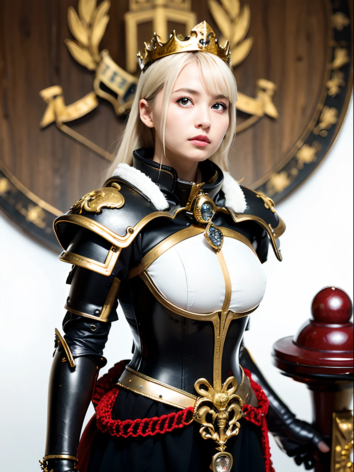 (masutepiece), Professional , masterpiece、top-quality、photos realistic , depth of fields (Gemstone Silver Metal Body:1.9),(Matte White、Jewel Gold Weapon(Jewel Metal Body:1.4),Gorgeous metal weapons , Detailed Sword of the Brave , Beautiful knife ,warhammer 40k , adepta sororitas,Detail and ornate jewel crown、Golden hair、Gangle's forest background、Beautiful Caucasian beauty、1a person、dynamic ungle,(((Detailed and ornate diamond crown)))、Smaller head、A smile、Background inside the castle、Thin and beautiful female hands、cleavage of the breast、Soldier in iron armor on background、Soldier in iron armor on background、Mystical expression、Light Effects、