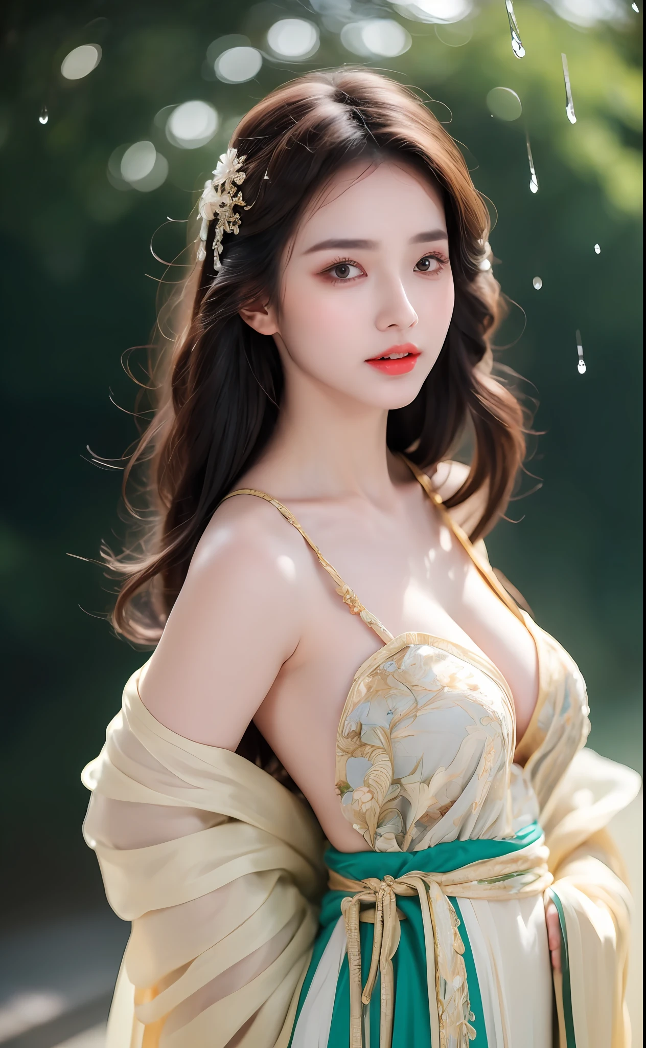 ((Best Quality, 8k, Masterpiece: 1.3)), Focus: 1.2, Perfect Body Beauty: 1.4, Buttocks: 1.2, ((Layered Haircut)), (Wet Clothes: 1.1), (Rain, Street:1.3), (Breasts: 1.2), (Hanfu: 1.2), Bare Shoulders, Bare Legs, Highly Detailed Face and Skin Texture, Fine Eyes, Double Eyelids, Whitened Skin, Long Hair, (Shut Up: 1.5), (Bokeh Background: 1.5), Big Breasts