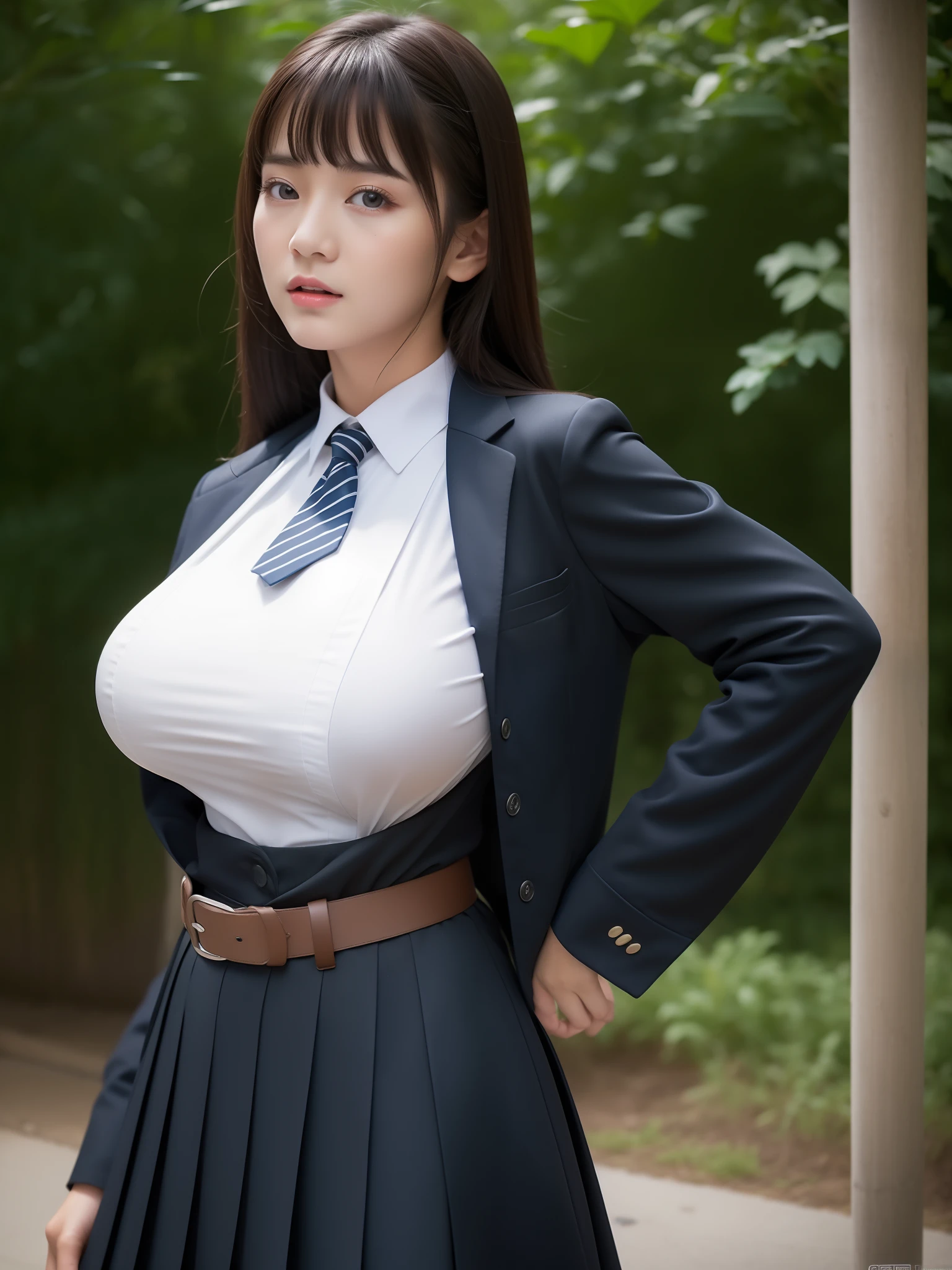 Vietnamese girl, Gigantic Boobs, Meisterwerk, ultra-detailliert, ultra realistisch, Schuluniform, legwear, big clevage, ((oben ohne))
