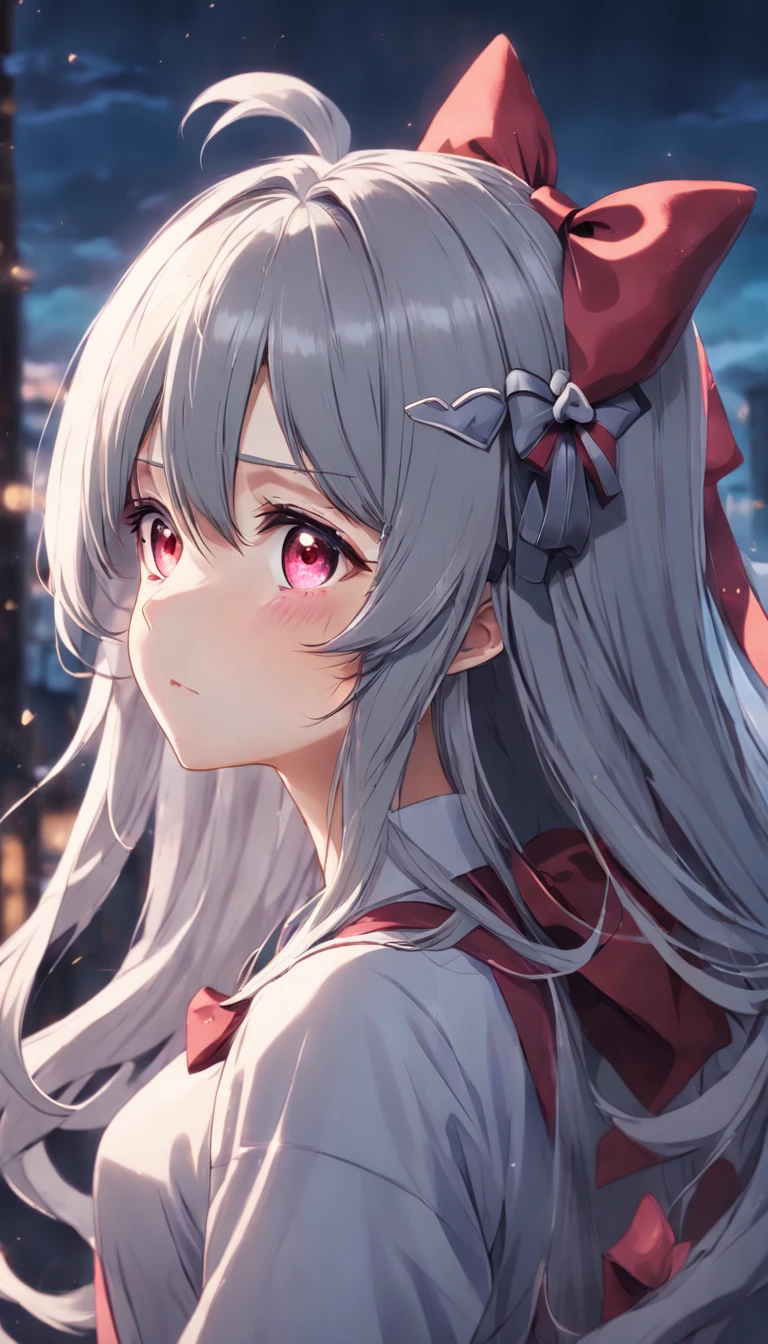 colored inner hair, grey hair, long hair, heart ahoge, hair bow, heart-shaped pupils, shy, vignetting, ray tracing, UHD, masterpiece, 4K