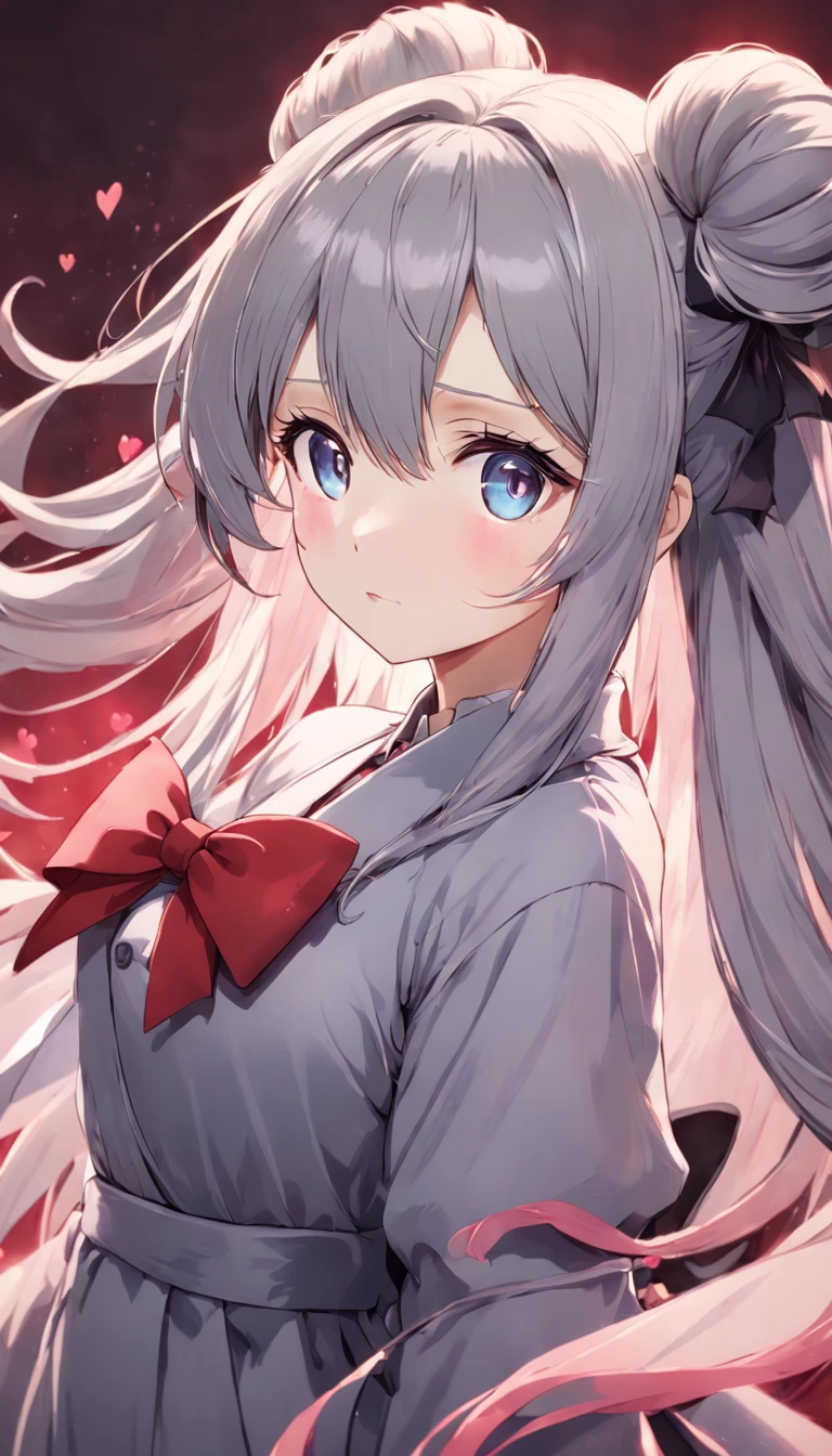 colored inner hair, grey hair, long hair, heart ahoge, hair bow, heart-shaped pupils, shy, vignetting, ray tracing, UHD, masterpiece, 4K