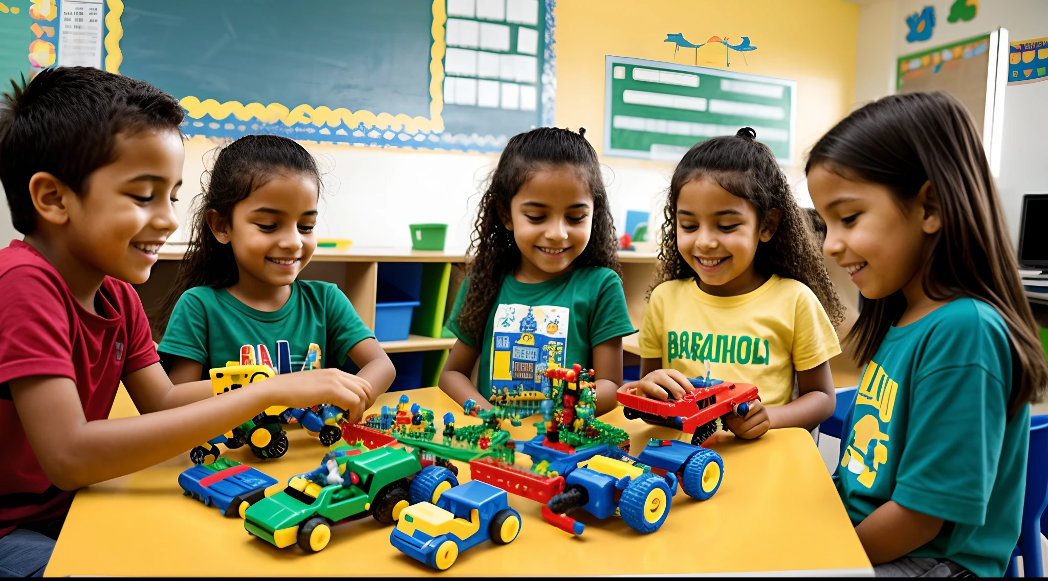 a group of Brazilian children playing with robotic and programming toys inside a classroom