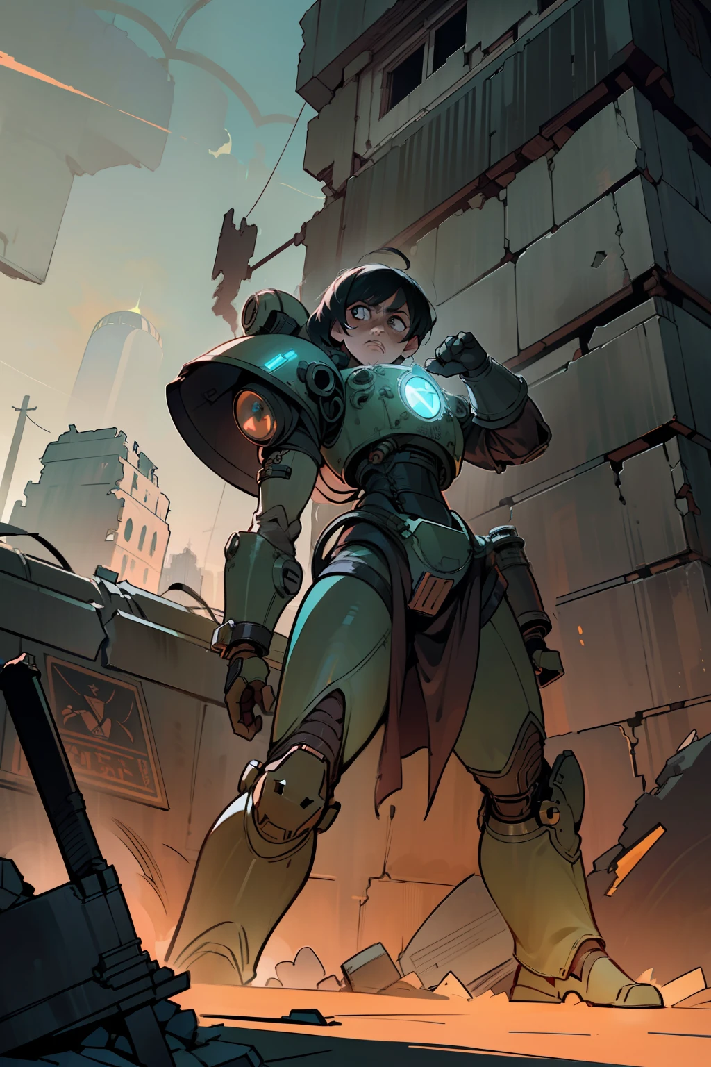 ((Fallout style)), ((anime style)), ((detailed)), ((masterpiece)), (realistic), (servo armor), (black hair), (black eyes), (human male) , (religious design), (large shield), (inspired by Fallout 4), (without helmet), (ruins of the city), (barricade), (safe zone), (headquarters), (military zone), ( courtyard), (cinematic lighting), (action pose), (ruined cityscape), (post-apocalyptic atmosphere), (emotional depth), (2D illustration), (dramatic shadows), (rich color palette), (narration narrative), (contrast and sharpness), (epic feel), (stylized ruins), (powerful stance), (radiation glow), (dynamic composition), (8k resolution), (hand drawn), (fight of humanity), (anime-inspired characters), (complex composition) details), (warring factions), (desperation in the eyes), (Fallout 4 aesthetics), (religious symbolism), (strategic barricade), (vegetation overgrown), (windswept rubble), (command center), (hope amidst chaos), (visual storytelling).
