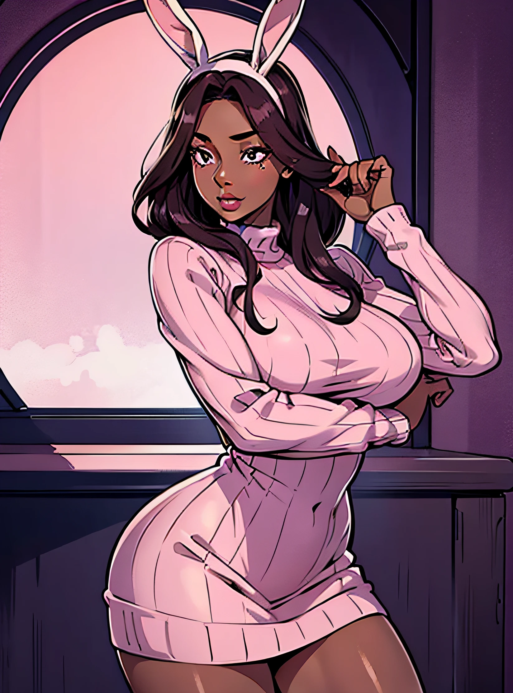 A beautiful mature woman, no underwear, long sleeve pink sweater that functions as a dress, perfect figure, action pose, retro gorgeous, retro exquisite, dark skin, long dark purple curly hair, wearing a masquerade ball mask, bunny ears