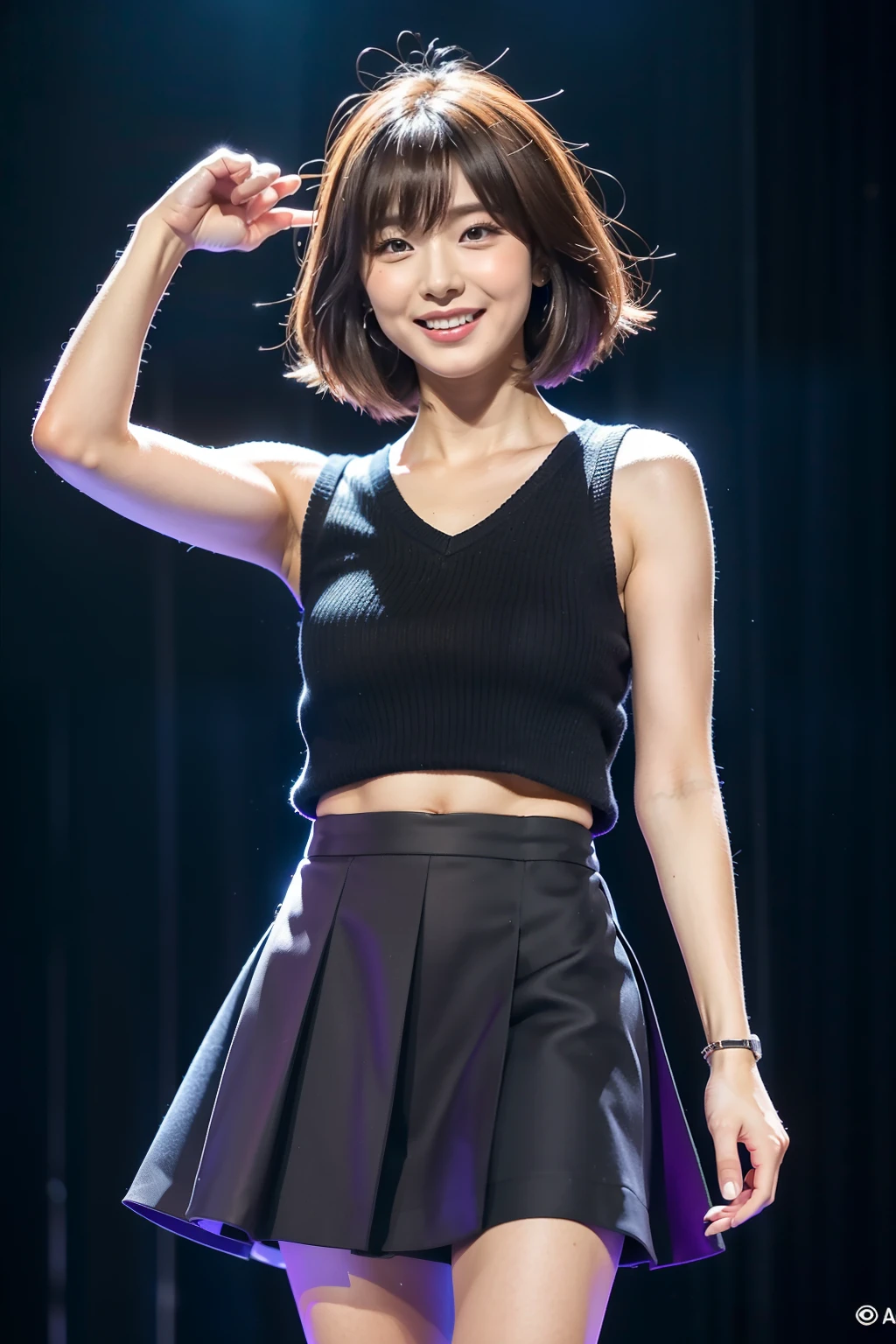 ((top-quality)), foco nítido:1.2, Beautiful woman with perfect body shape:1.4, Slender Abs:1.1, ((dark brown short hair、Colossal tits:1.2)), (Shiny Black Tight T-Shirt, The sheen、Standing Black Spats:1.2), Detailed face and skin texture, A detailed eye,Pulling an electric guitar、live house