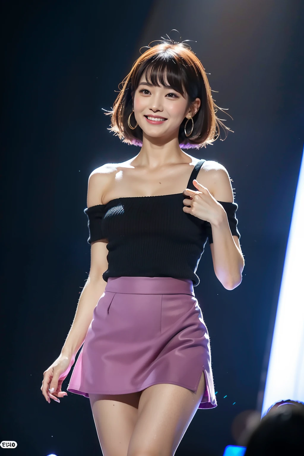 （8K分辨率，Panoramic photos from above，photorealestic，Wallpapers），（1 female，18yr old，（digital model：Nanako Matsushima ：1.8），（Thin bone face，s delicate face），com rosto detalhado，（Delicate Japanese makeup），Beautiful face，hyperdetailed face，详细的脸，Black colored eyes，（Look into the distance），Long hair micro-curls，（Color gradient，Windswept hair，Messy has layers），Redlip，Fair smooth skin，（Best Skin Type：1.21），mediuml breasts，（Undershirt，long  skirt，Manteau，College skirt，choker necklace，high-heels），perfect hand，Perfect posture，Dynamic Angle，Dynamic pose，Floating feeling，Ultra-fine makeup，Ultra-fine clothing material），（Stage performances，Exquisite stage details，（bird's eyes view，Vista view of the catwalk，Outdoor catwalk，Tokyo fashion show，Kansai Hanakui Contest，neonlight，The audience in the audience，Model on the catwalk）），（ardent，excited，ssmile），（Various stage lights，动态照明），（The color is bright，Bells and whistles，Reserved，ellegance（white colors，black in color，in pink，purpleish color，blue colors）），（Wide angle lens，Golden section，Cinema lenses，Hasselblad photograp，tmasterpiece：1.3），（Pure and cute，dream magical，Little woman，trendsetting，Street style，Artis，Art platform）