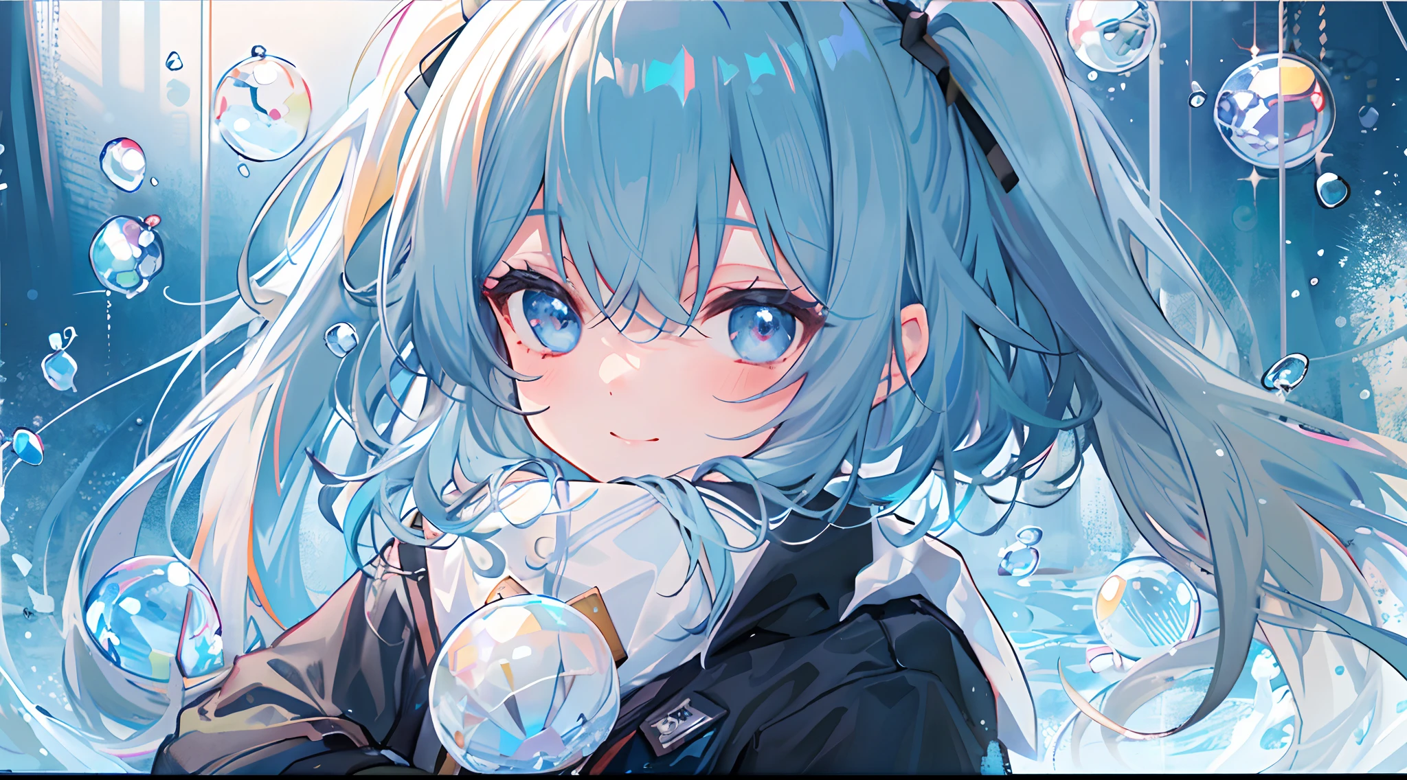((top-quality)), ((masterpiece)), ((ultra-detailliert)), (extremely delicate and beautiful), girl with, 独奏, cold attitude,((Black jacket)),She is very(relax)with the(Settled down)Looks,A dark-haired, depth of fields,evil smile,Bubble, under the water, Air bubble,bright light blue eyes,Inner color with light blue hair and dark blue tips,Cold background,Bob Hair - Linear Art, shortpants、knee high socks、White uniform like school uniform、Light blue ribbon ties、Clothes are sheer、Hands in pockets