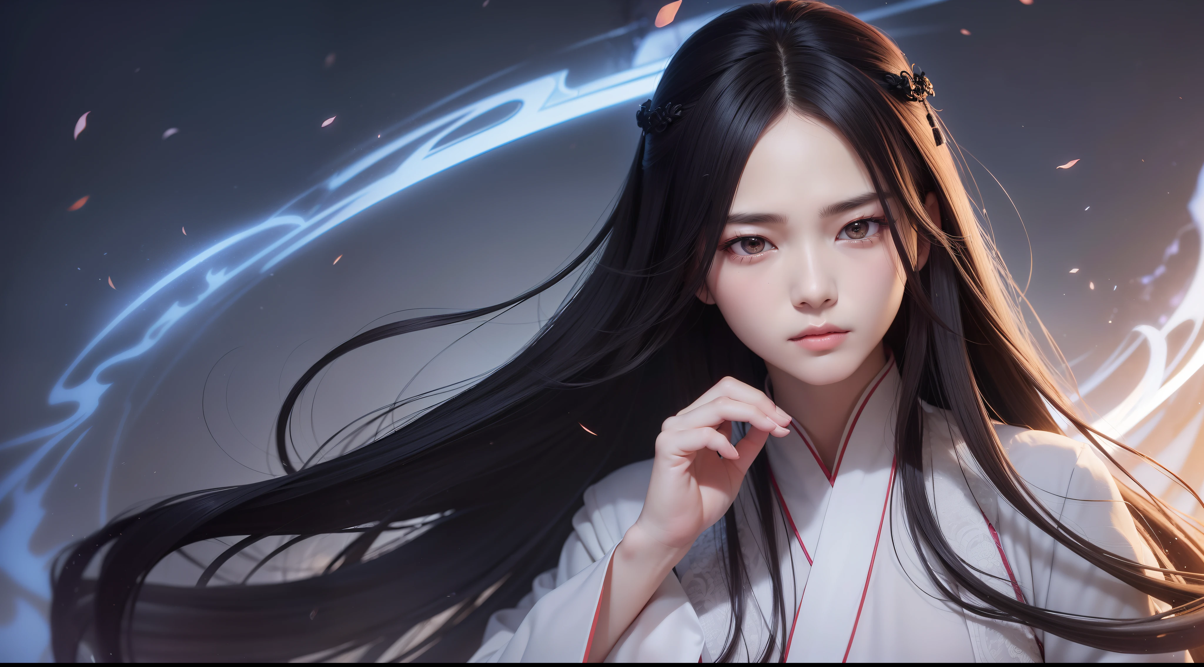A 20-year-old heroine,length hair,Hanfu,Robe,Handsome face shape,Fierce and evil,The eyes are murderous,head straight-looking at viewer,true to life:1.2