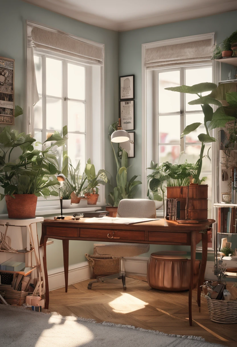 photorealestic,Bright and spacious study,Clean and tidy desk,On the desk is an open notebook,There are other books as well,A plain white pen holder,There is a pen and two pencils in the pen holder,There is a pot of greenery on the desk that does not bloom