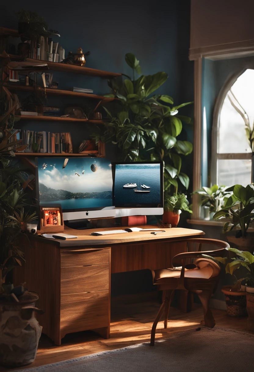 photorealestic,Bright and spacious study,Clean and tidy desk,On the desk is an open notebook,There are other books as well,A plain white pen holder,There is a pen and two pencils in the pen holder,There is a pot of greenery on the desk that does not bloom