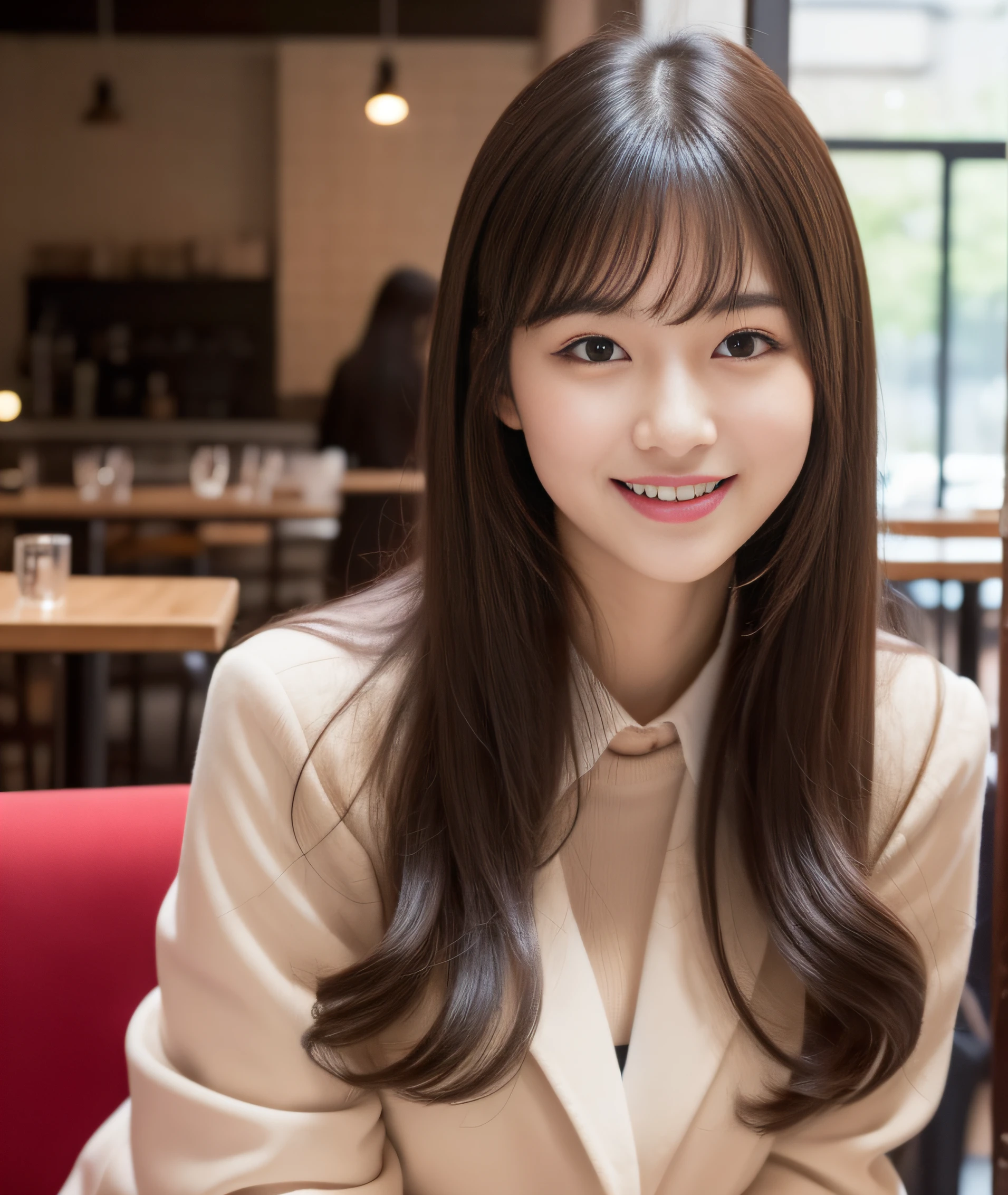 ((best quality, 8K, masterpiece: 1.3)), beautiful girl, pure, melon face, kind and cute, sweet smile, pure desire, slender body, (front), (tilted head), ((looking at camera) ), wearing a pink suit, black silky medium hair, long flowing shoulders, round black big eyes, clear big eyes, moist red lips, sweet, sitting in a cafe, cafe background , (((whole body))),