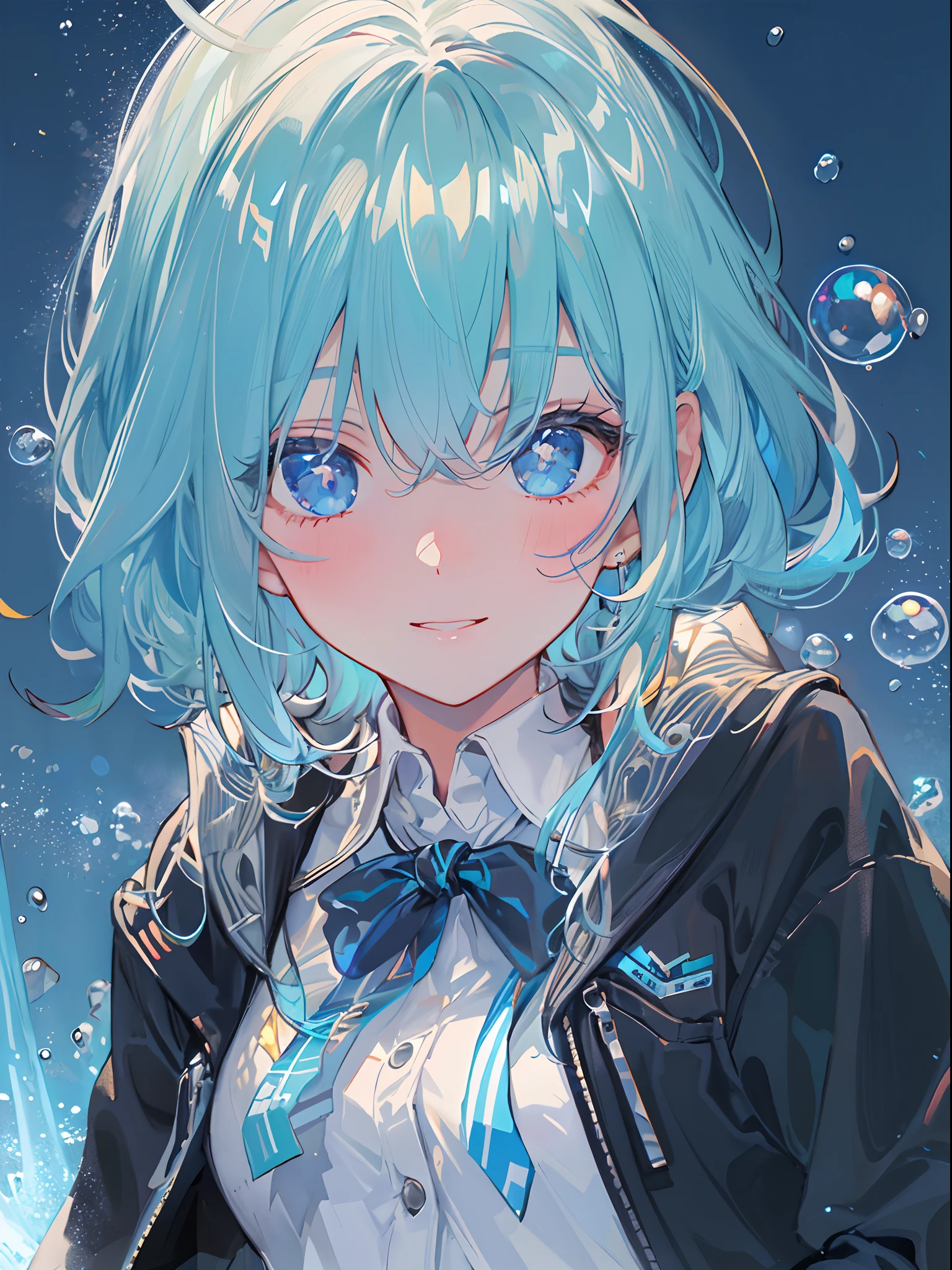 ((top-quality)), ((​masterpiece)), ((ultra-detailliert)), (extremely delicate and beautiful), girl with, 独奏, cold attitude,((Black jacket)),She is very(relax)with  the(Settled down)Looks,A dark-haired, depth of fields,evil smile,Bubble, under the water, Air bubble,bright light blue eyes,Inner color with light blue hair and dark blue tips,Cold background,Bob Hair - Linear Art, shortpants、knee high socks、White uniform like school uniform、Light blue ribbon ties、Clothes are sheer、Hands in pockets