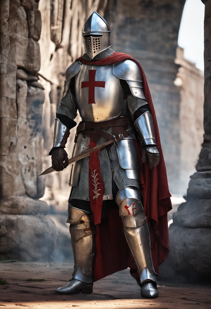 Knight Templar wearing armor, realista, detalhado, with baby on your lap