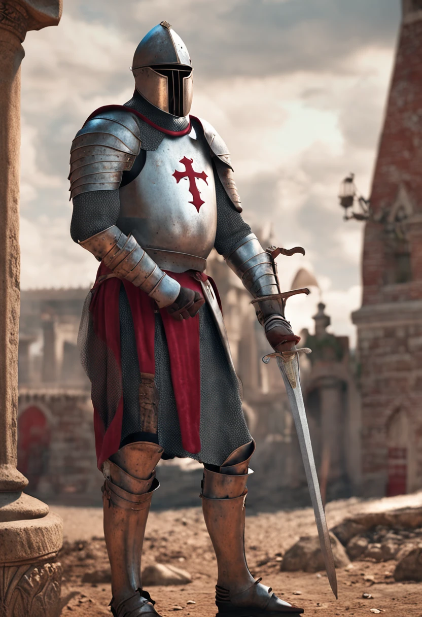 Knight Templar wearing armor, realista, detalhado, with baby on your lap