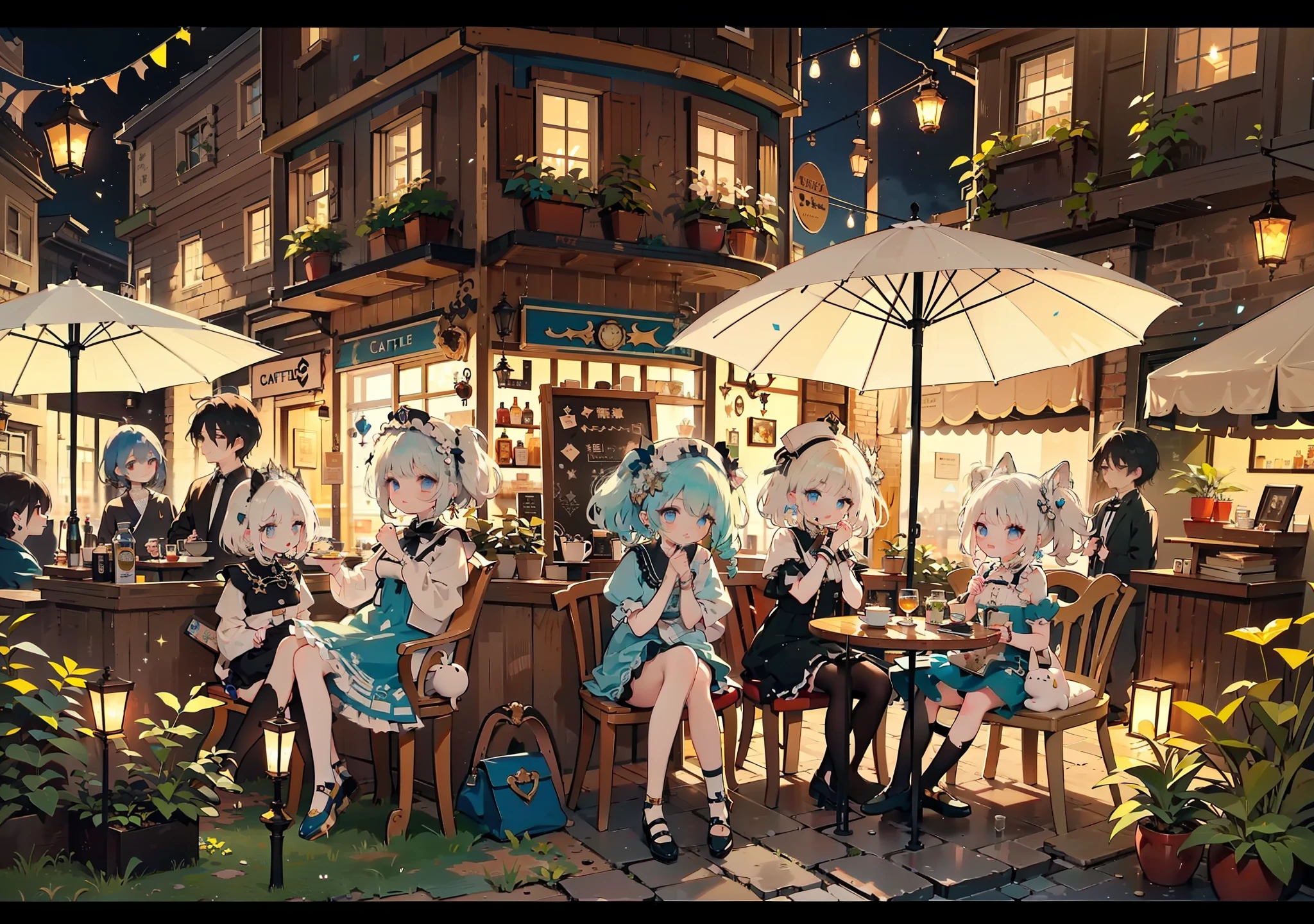 cozy cafe background, Relaxing concept art, Anime background art, Anime landscape concept art, , Beautiful and touching cute girl，Dark blue lubricated curls，Silky hair，fish hair ornament，Half earrings，Delicate and deep eyes，Exquisite facial features，beautiful  face，Delicate blue Lolita white-trimmed dress，Delicate hoop waistband，Streamers，At the Crystal Palace， pixiv contest winner, cozy cafe background