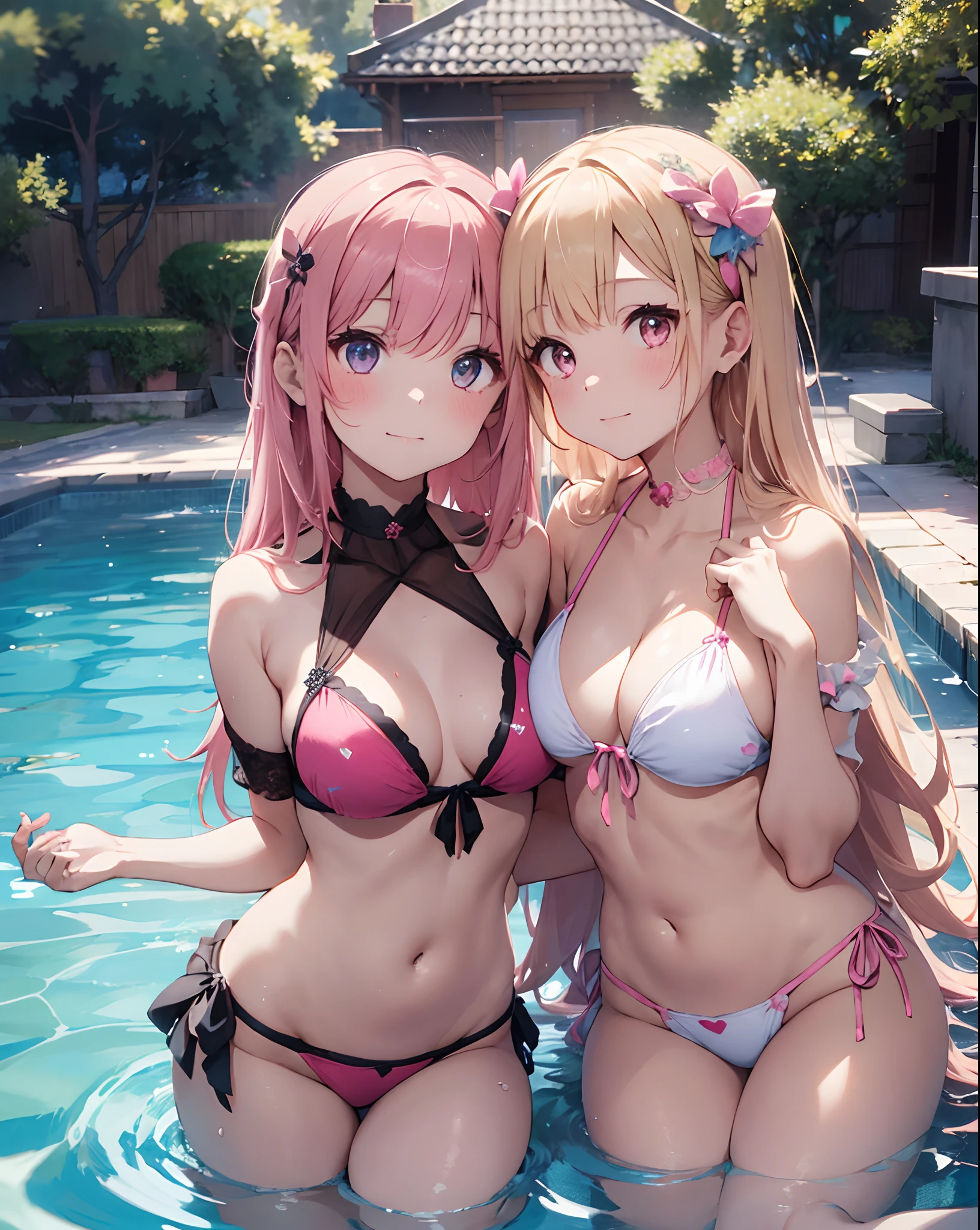 Two girls putting their hands on their chests、Super long hair、The bikini、blonde and pink hair、Create a heart shape with a heart-shaped effect for viewers):1.5、Pool on glittering background