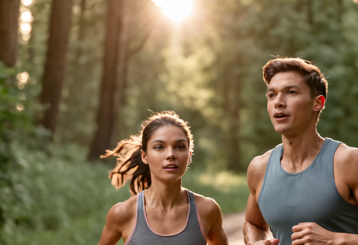 a close up of a man and a woman jogging in the woods, a picture by Julian Hatton, shutterstock, figuration libre, running freely, people running, during golden hour, golden hour 8 k, golden hour 8k, taken at golden hour, high quality photos, lots of sunlight, at golden hour, high quality picture, radiant morning light, high quality screenshot